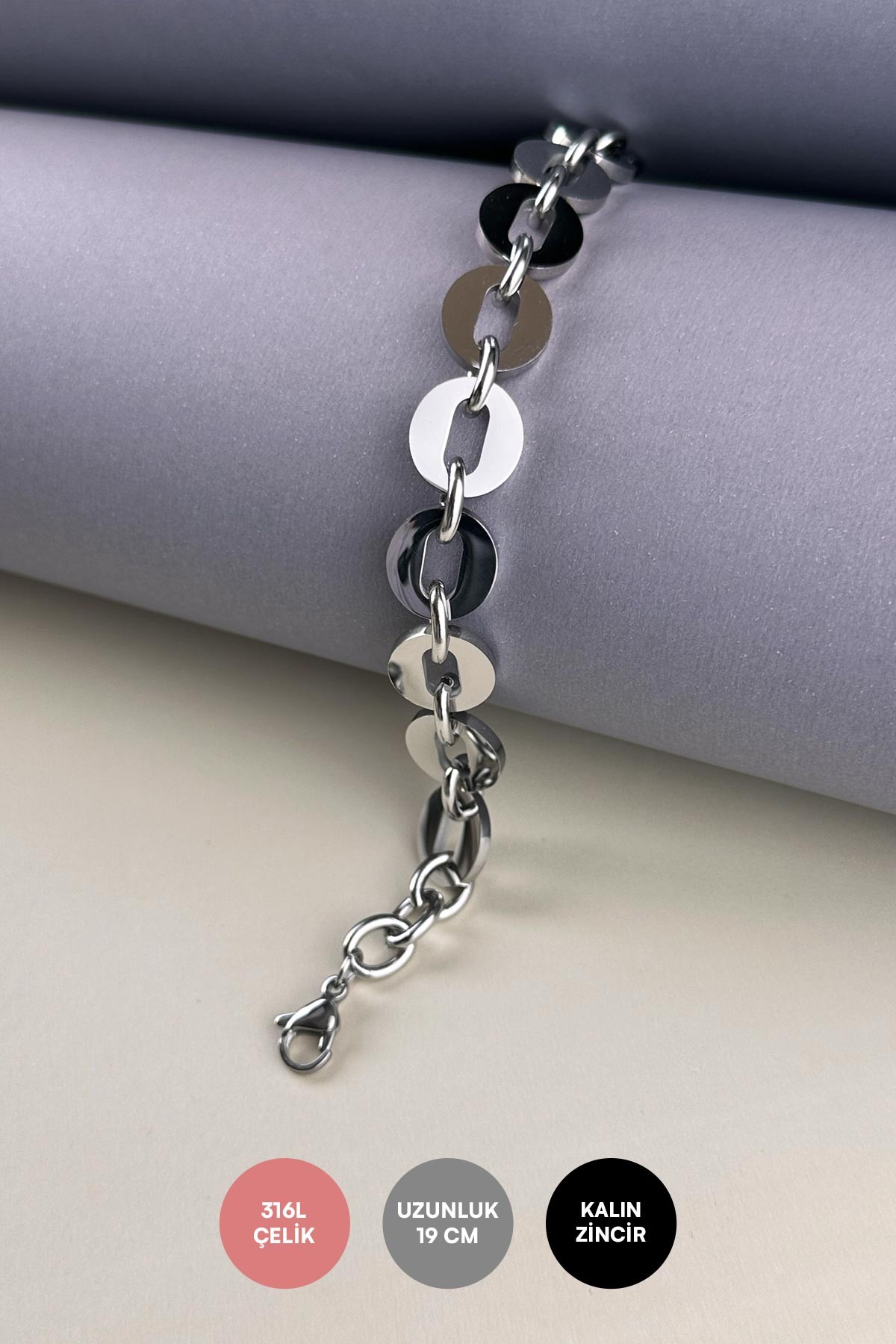 Silver Kalın Dolgulu Oval Zincir Çelik Bileklik ABL7209