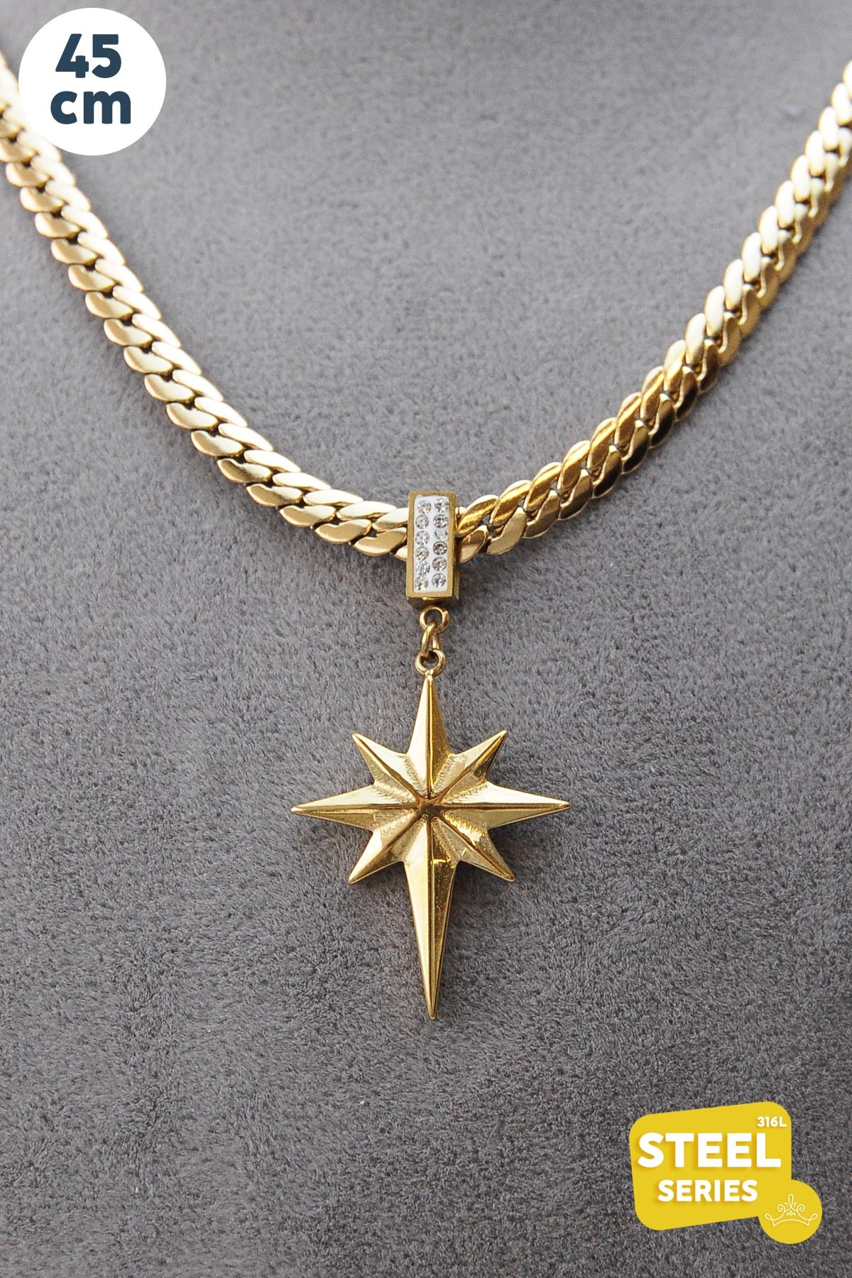 Gold Kuzey Yıldızı Detay Örgü Tasarım Zincir 45cm Çelik Kolye AKL2650