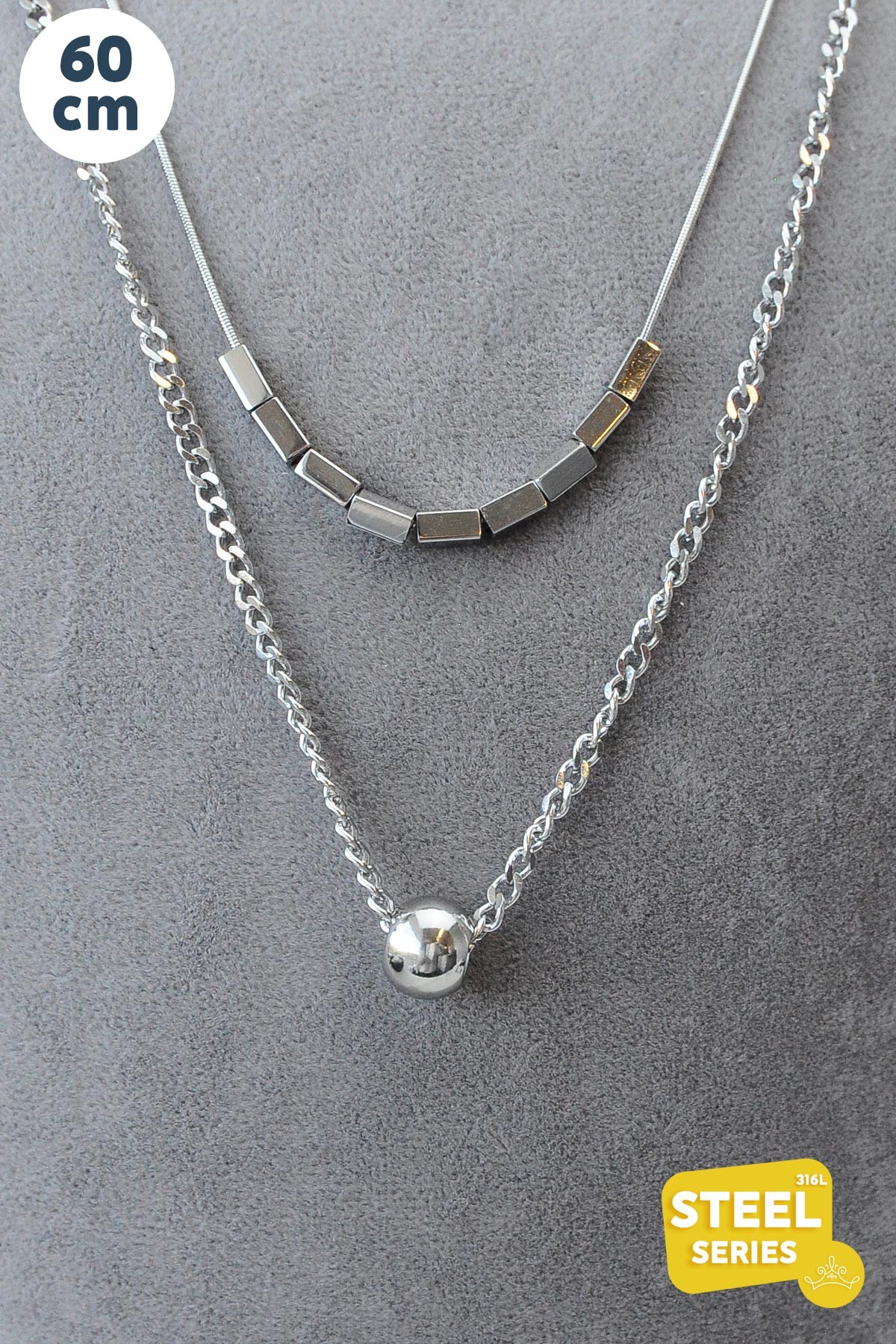 Silver Çift Zincir Sıralı Küpler Ve Top Sallantılı 60cm Çelik Kolye AKL2628