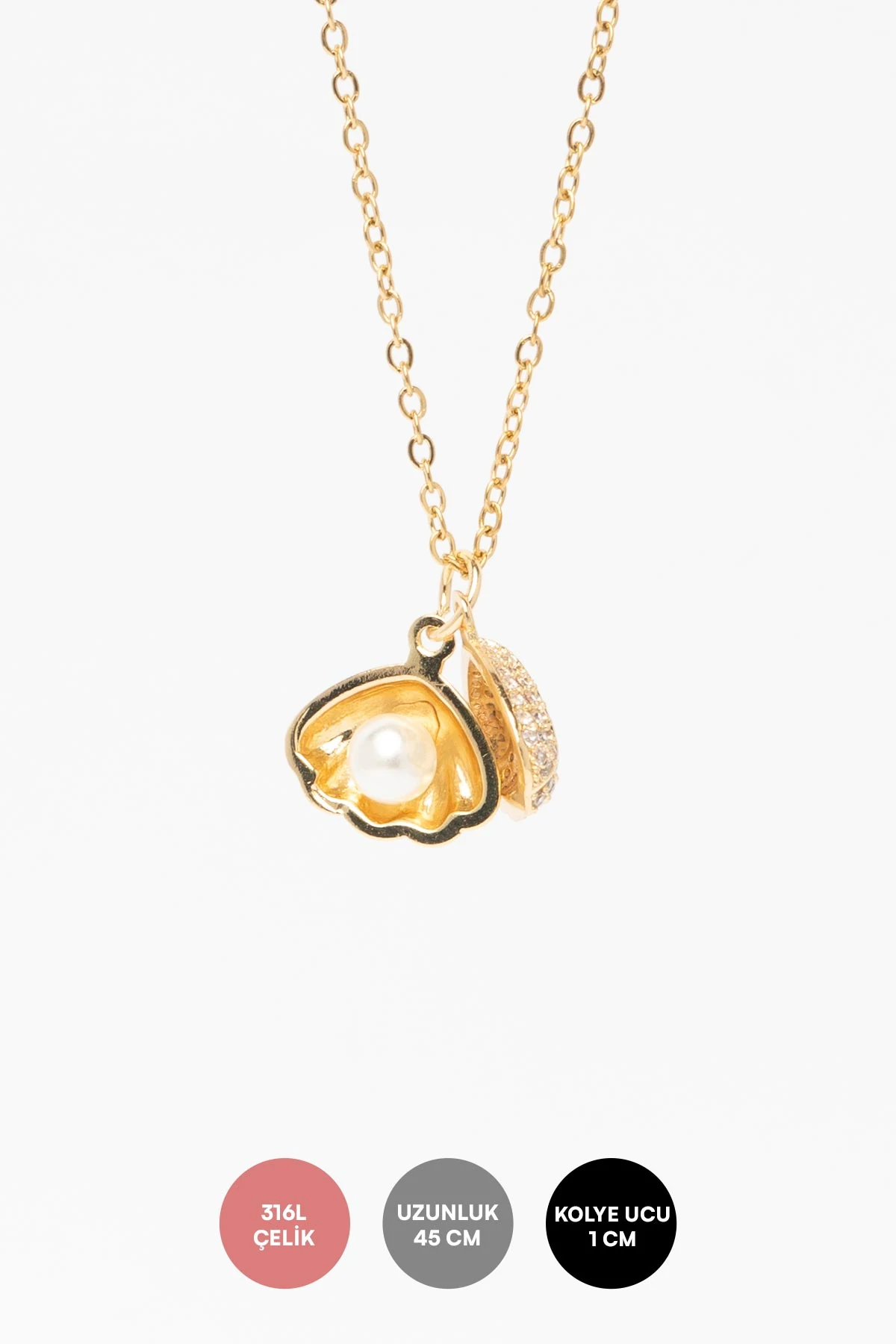 Gold Açılabilir Zirkon Detay Deniz Kabuğu Sallantılı 45cm Çelik Kolye AKL4320