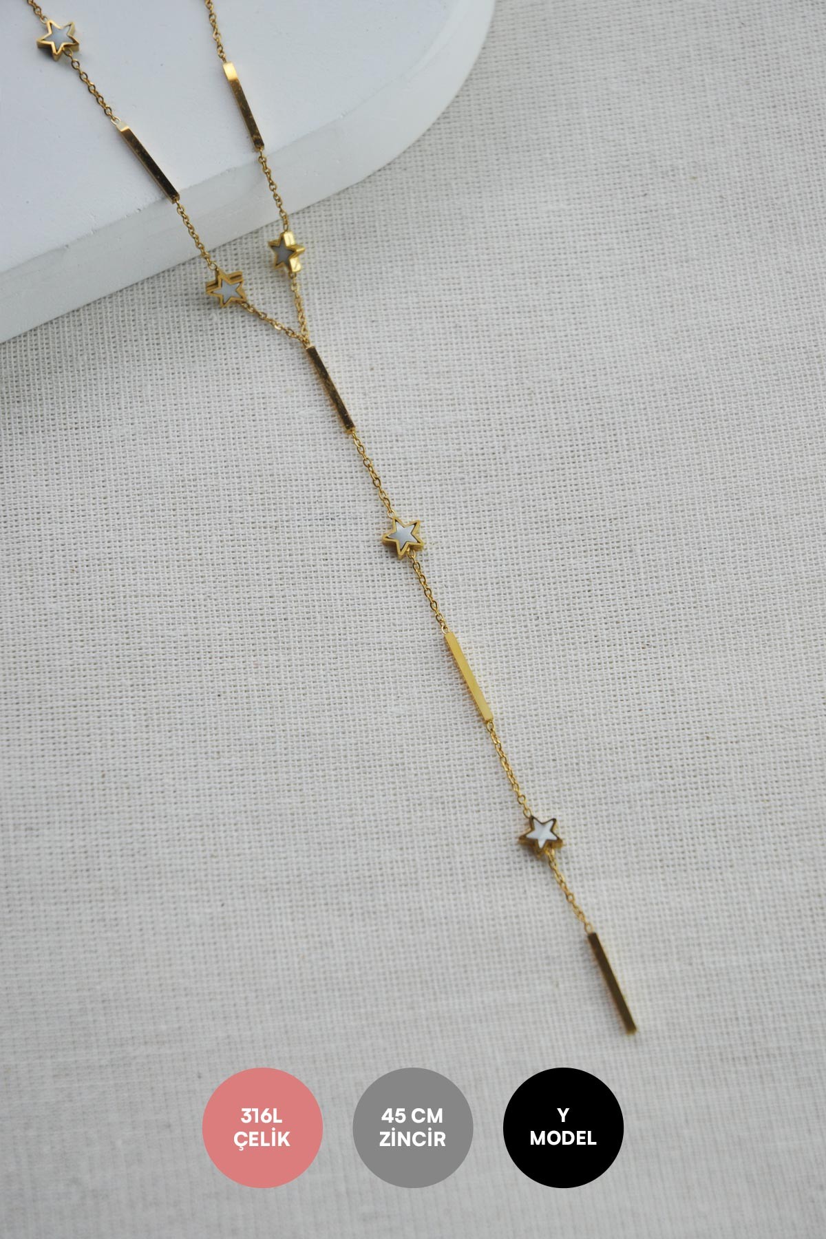 Gold Y Tasarım Minimal Beyaz Sedefli Yıldız ve Uzun Dikdörtgen Bar Detay Çelik Kolye 45 cm AKL3755