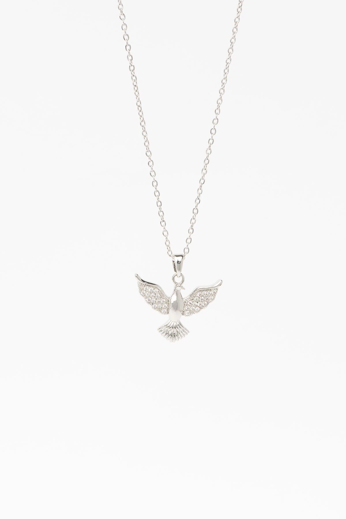 Silver Kanatları Zirkon Detay Kuş Sallantılı 45cm Çelik Kolye AKL4307