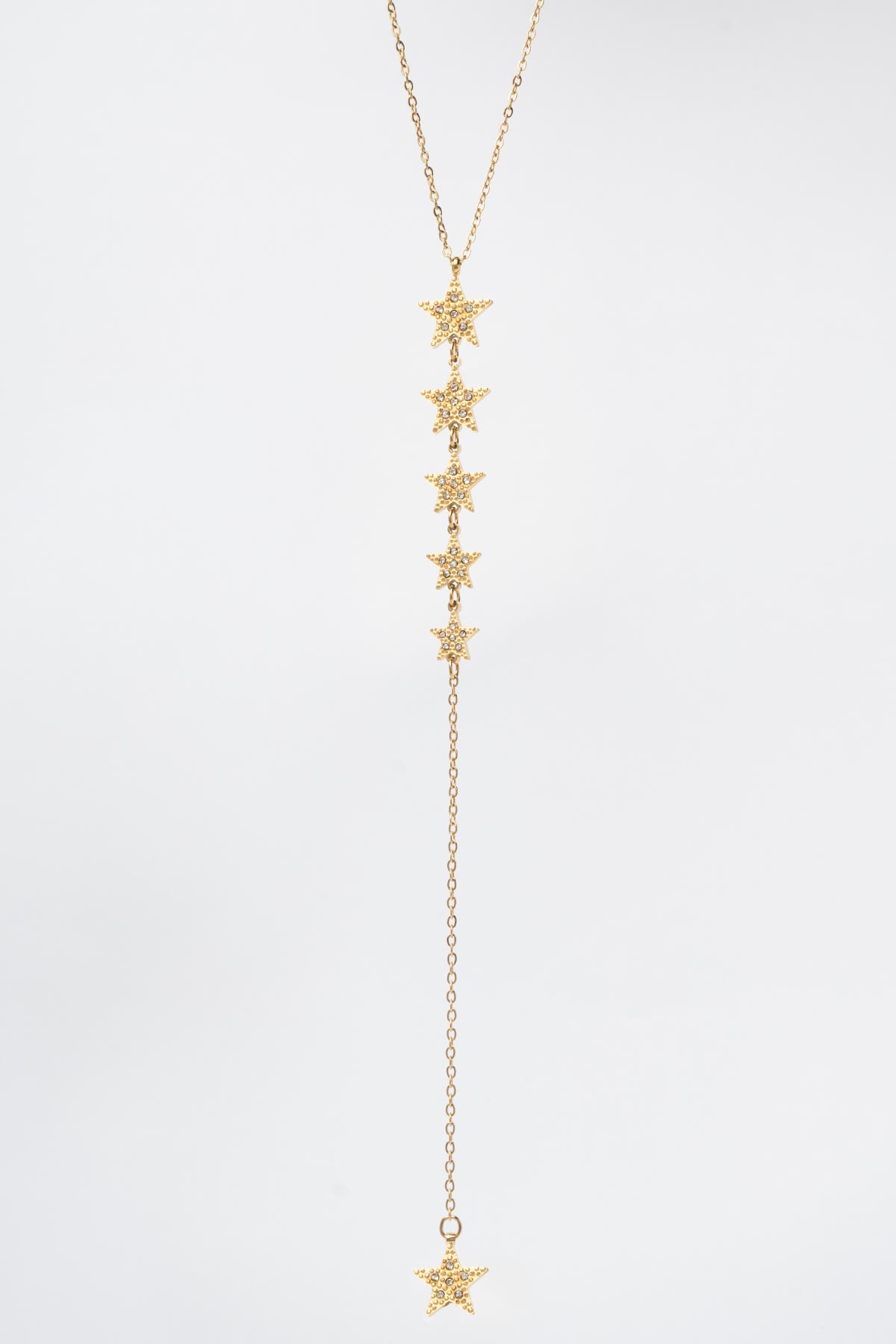 Gold Minimal Zincir Y Tasarım Zirkon Taş Detaylı Beş Boy Yıldız Sıralı 45cm Çelik Kolye AKL4173