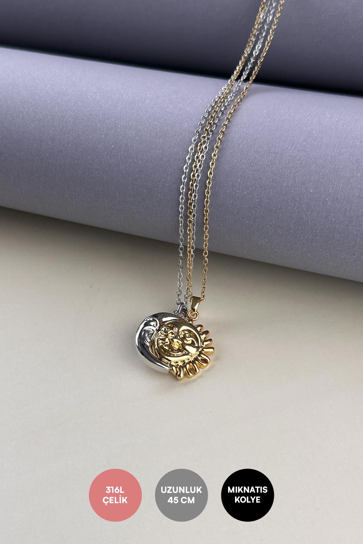 Gold Silver Minimal Zincir Arkadaşlık Kolyesi Tasarım Ay Ve Güneş Çelik Kolye 45 cm AKL3846