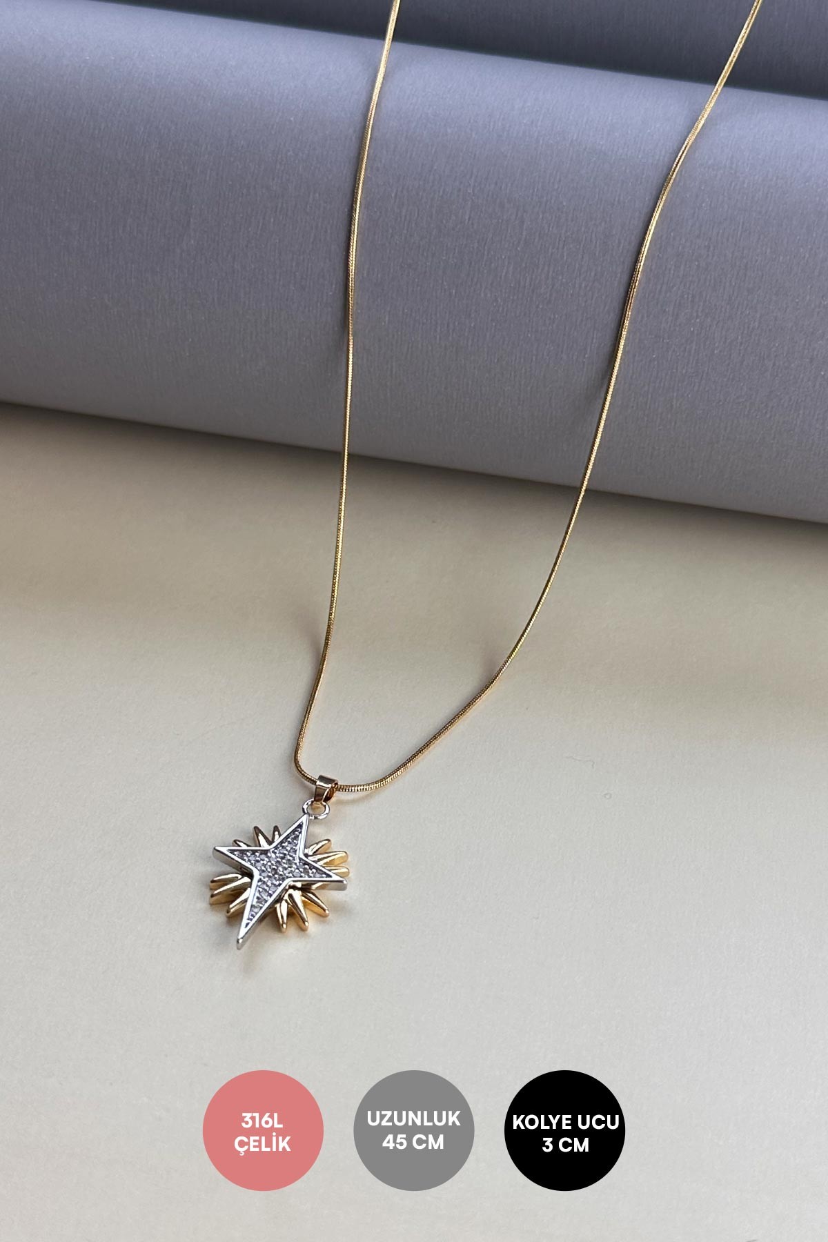 Gold Boru Zincir Zirkon Taş Detay Kutup Yılıdız Sallantılı 45cm Çelik Kolye AKL4010