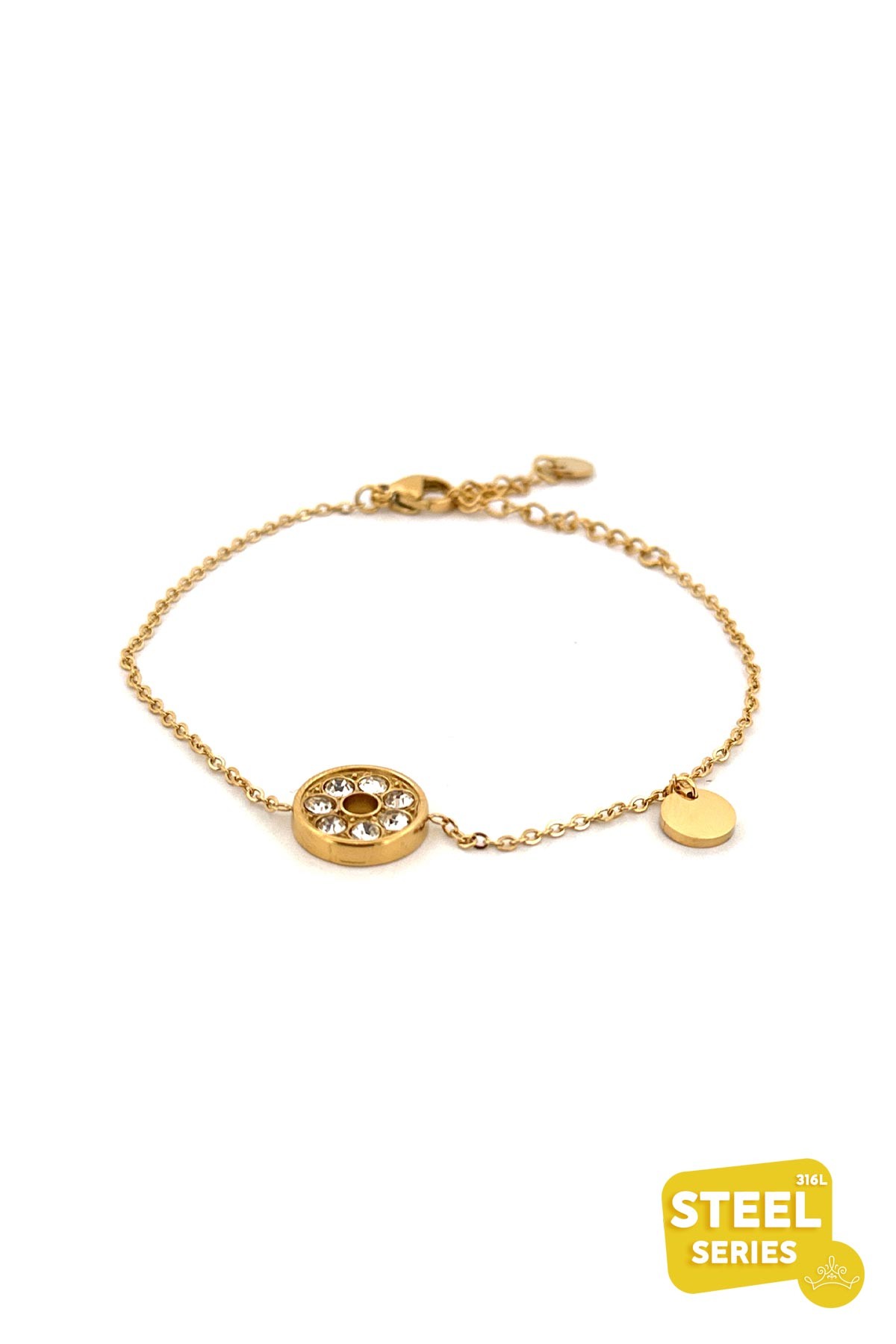 Gold Zirkon Daire Detay Ve Minimal Pul Sallantılı Çelik Bileklik ABL7057