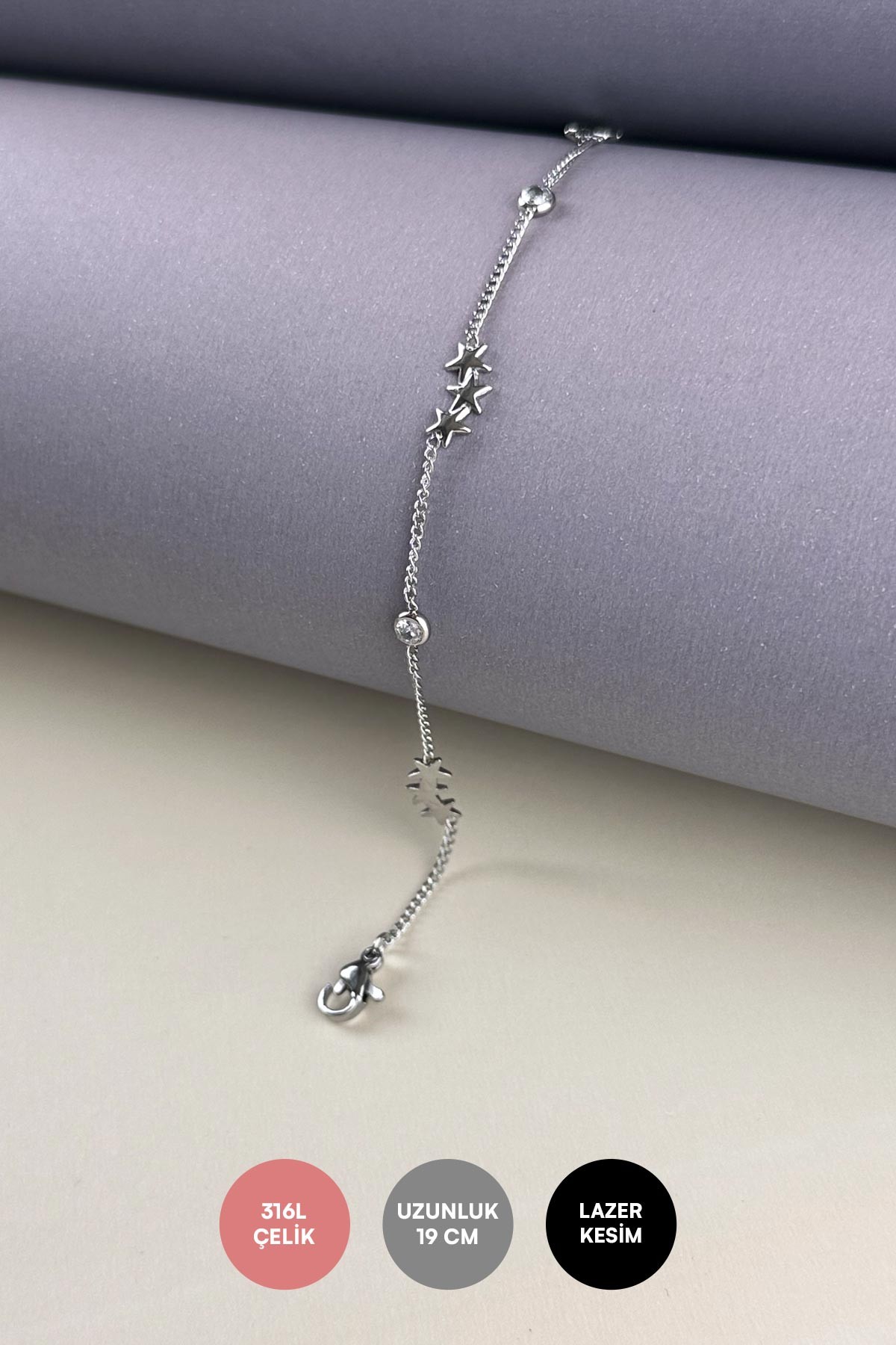 Silver Üçlü Yıldızlar Ve Tektaş Çelik Bileklik ABL7218