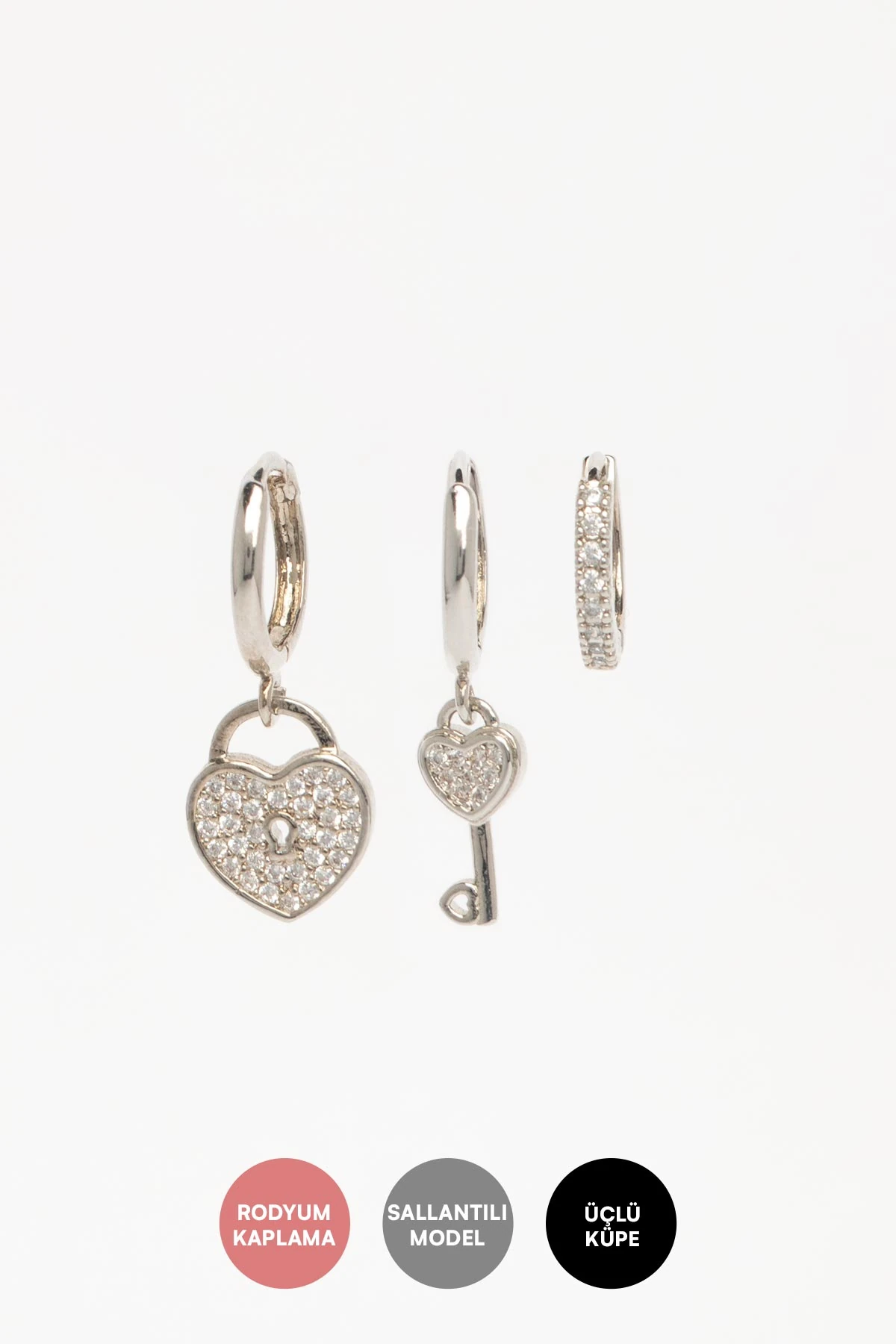 Silver Zirkon Detay Anahtar Ve Kalp Sallantılı Çoklu Glory Küpe AKE9437