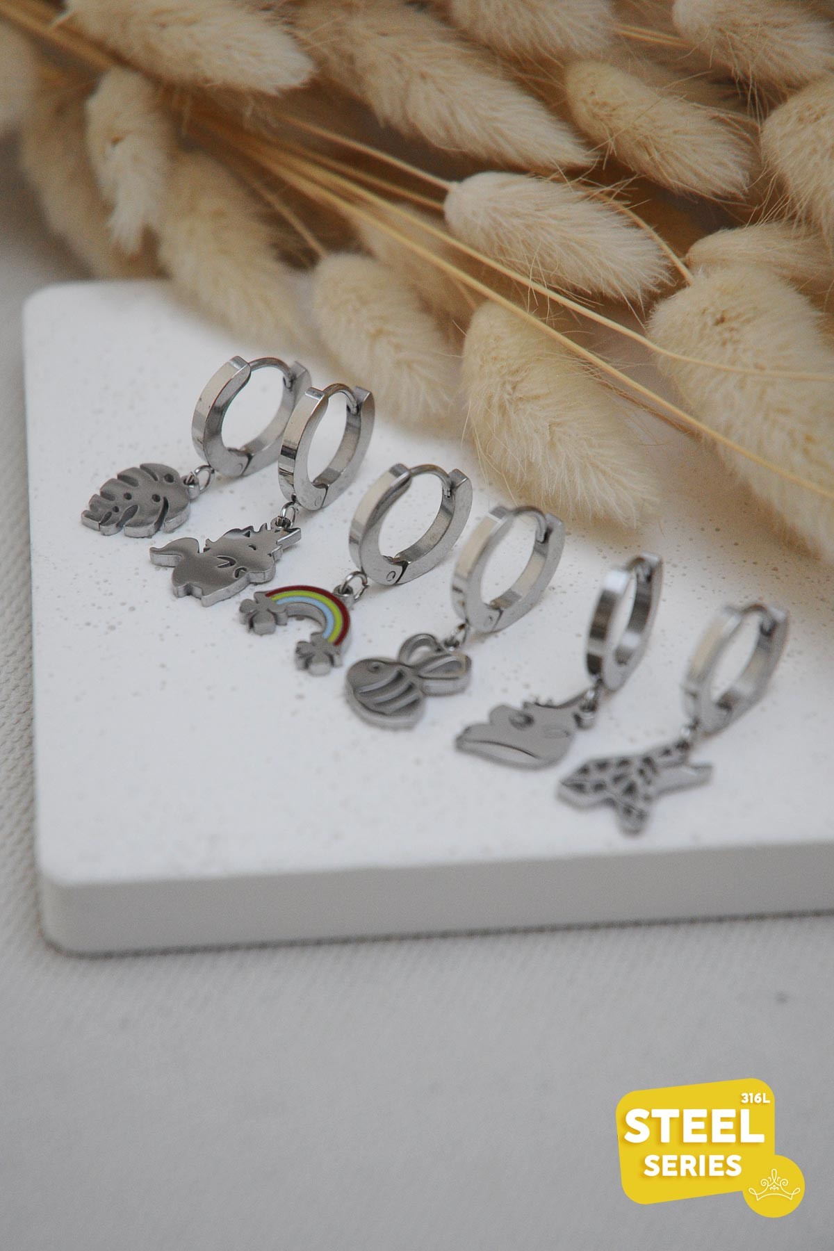 Silver Arı Unicorn Gökkuşağı Figürlü Altılı Çoklu Çelik Küpe AKE6861