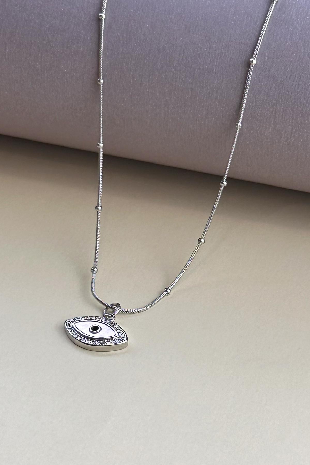 Silver Minimal Topçuklu Boru Zincir Sedefli Zirkon Göz Tasarım Çelik Kolye AKL3886