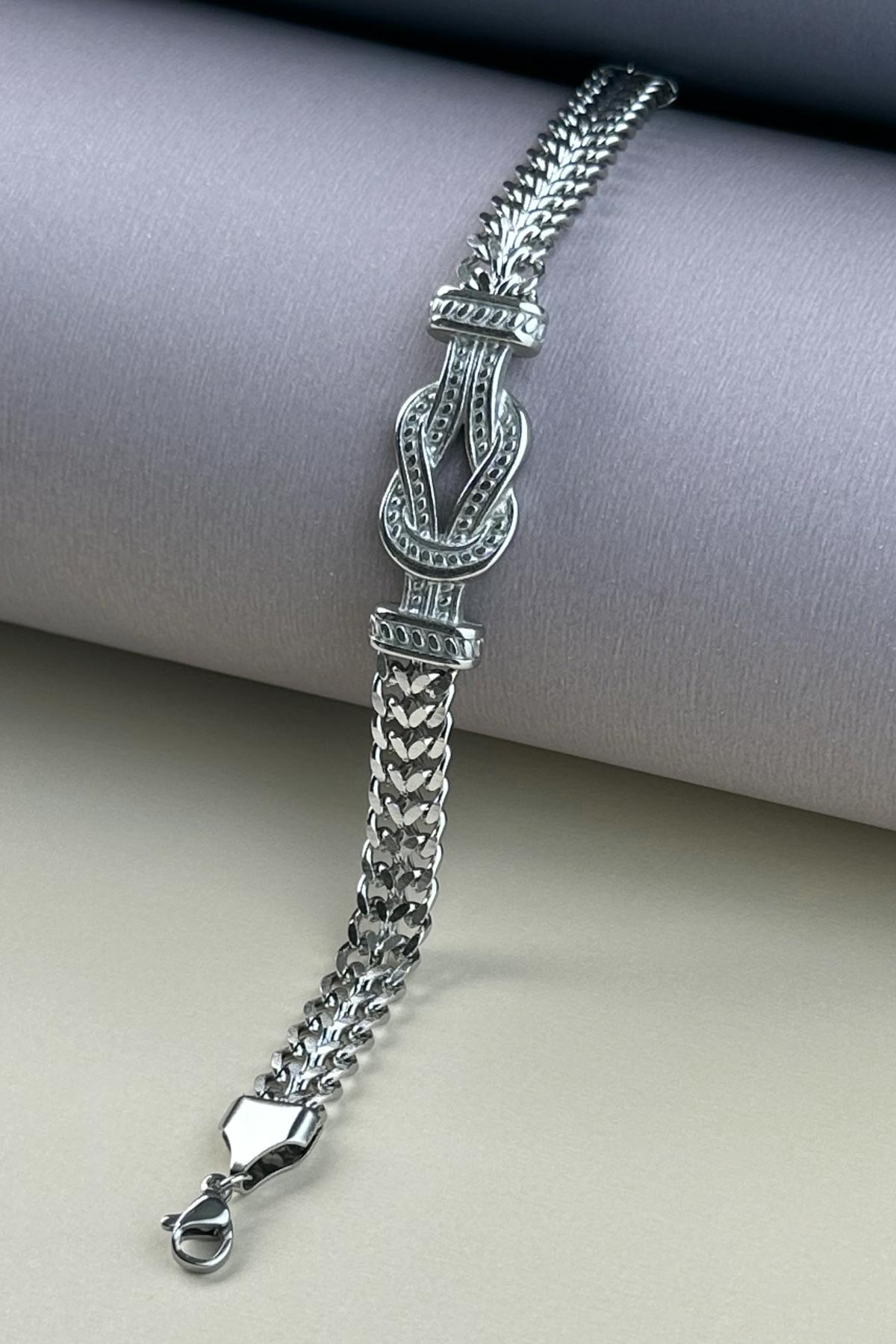 Silver İç İçe Geçmiş Halat Figürlü Geniş Zincir Çelik Bileklik ABL7328