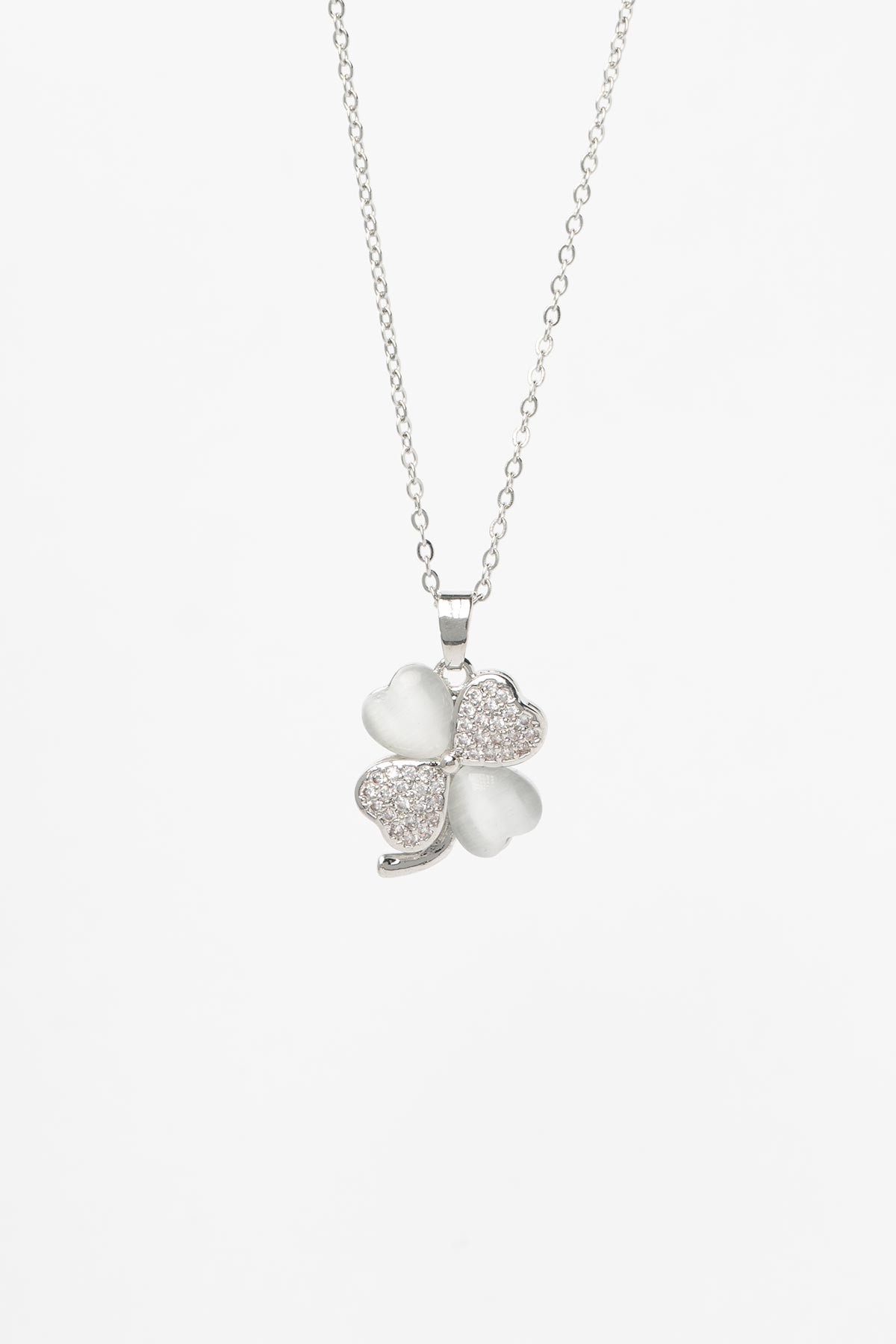 Silver Minimal Zincir Zirkon Ve Dolgulu Sedef Kalp Tasarım Yonca Sallantılı Çelik Kolye 45 cm AKL4091