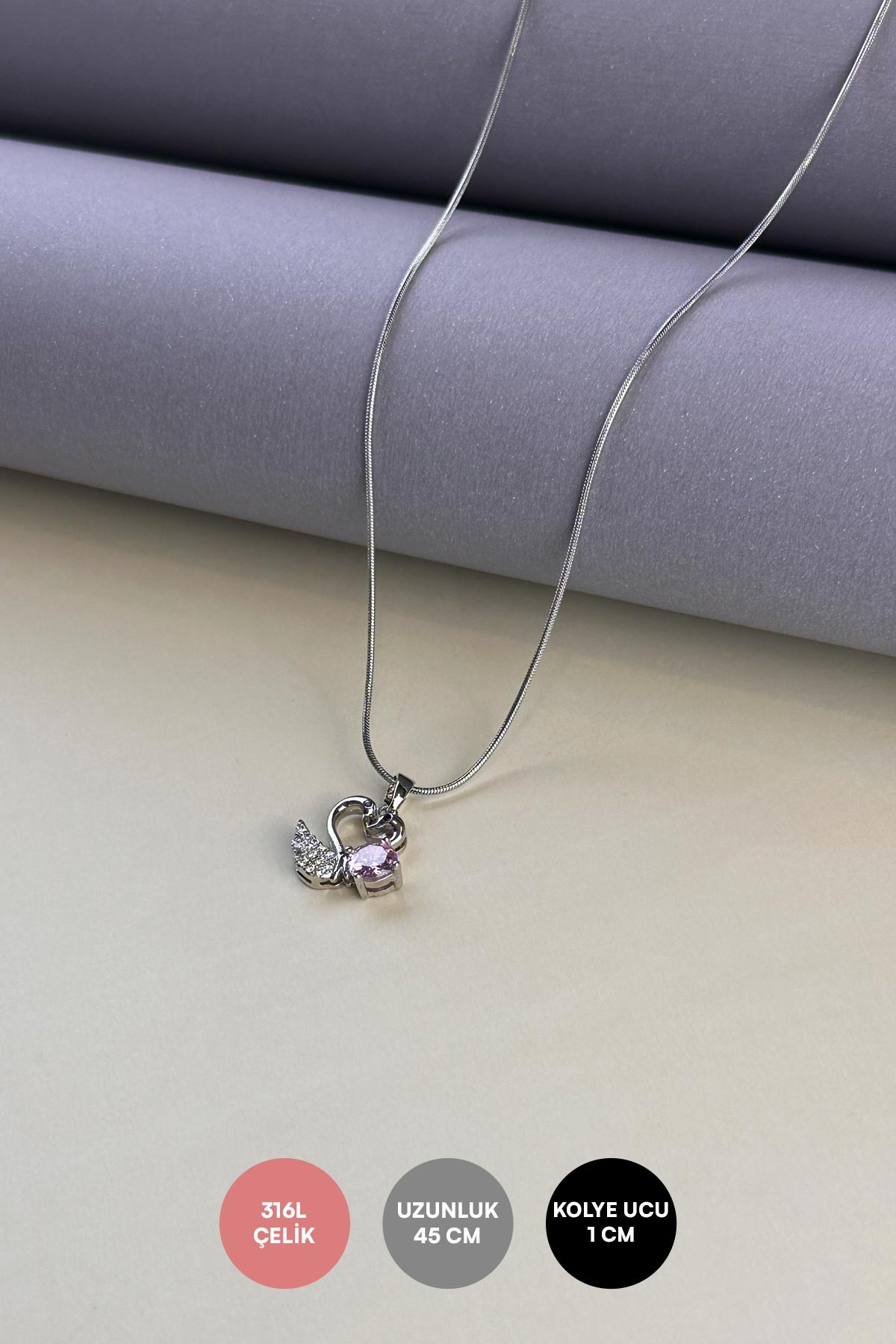 Silver Minimal Boru Zincir Zirkon Ve Kristal Kuğular Tasarım Çelik Kolye 45 cm AKL3924
