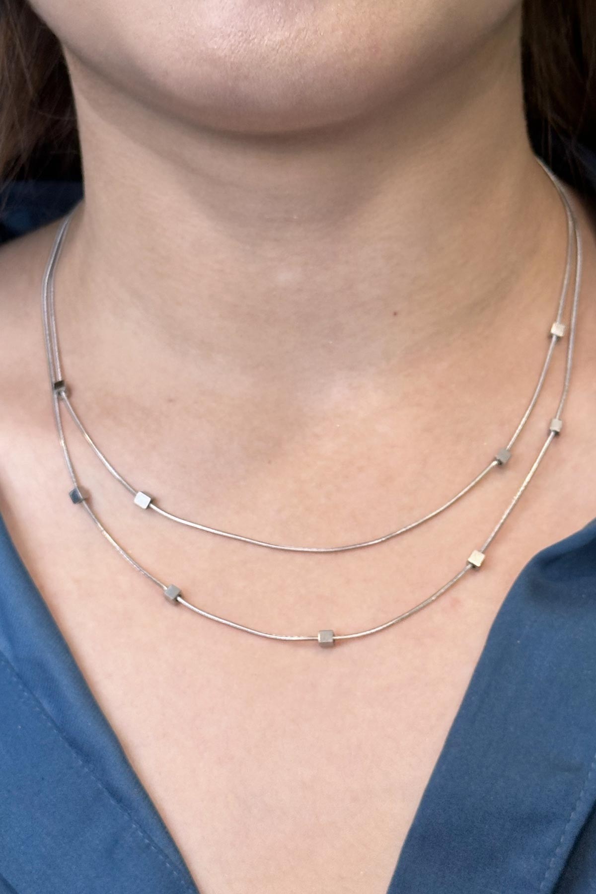 Silver Çift Boru Zincir Tasarım Minimal Küp Detay Çelik Kolye 45 cm AKL3595