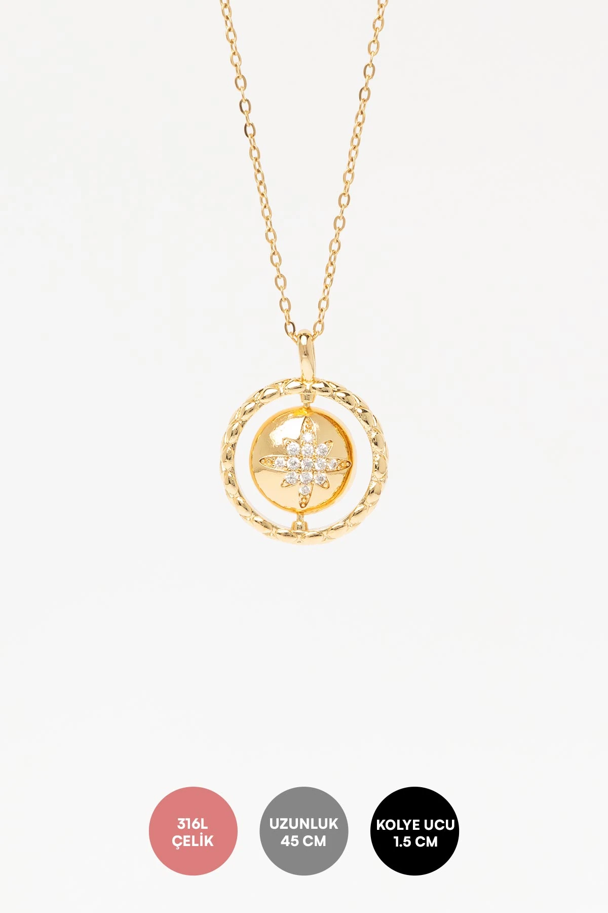Gold Zirkon Detay Kuzey Yıldızı İşli Çember İçinde Daire Sallantılı 45cm Çelik Kolye AKL4350