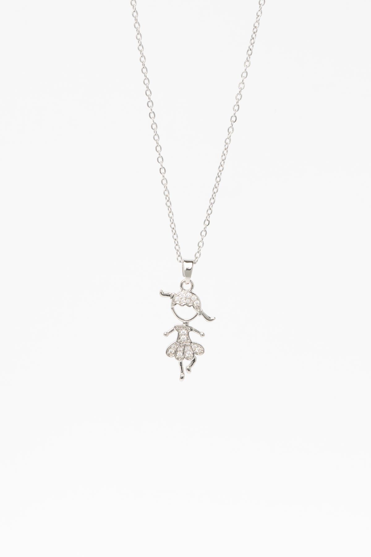 Silver Zirkon Saç Ve Elbise Detaylı Küçük Kız Çocuğu Tasarım 45cm Çelik Kolye AKL4342