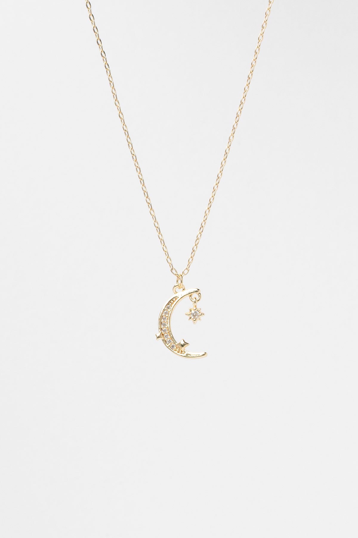 Gold Zirkon Taş Detay Minimal Hilal Sallantılı Luxury Kolye AKL4229