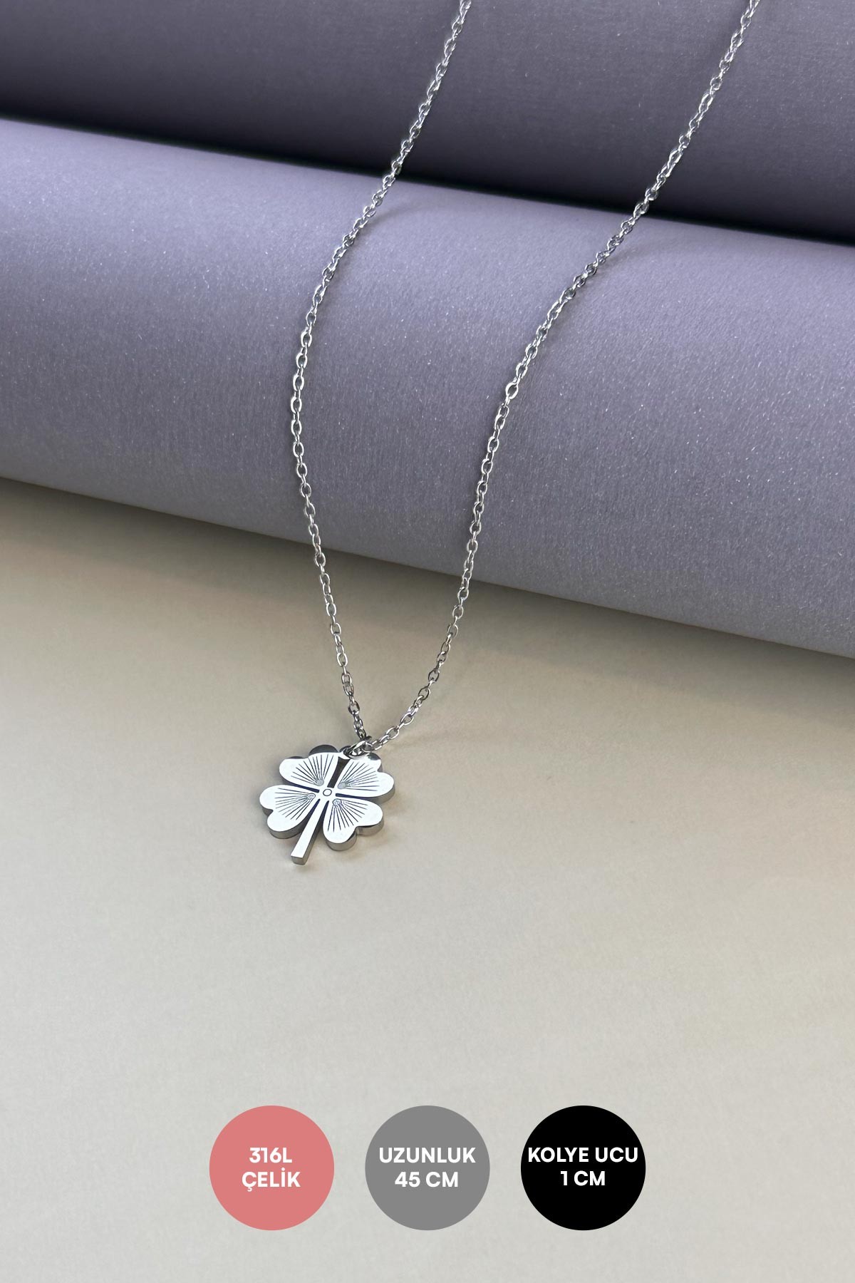 Minimal Zincir Silver Yonca Çelik Kolye 45 Cm AKL2317