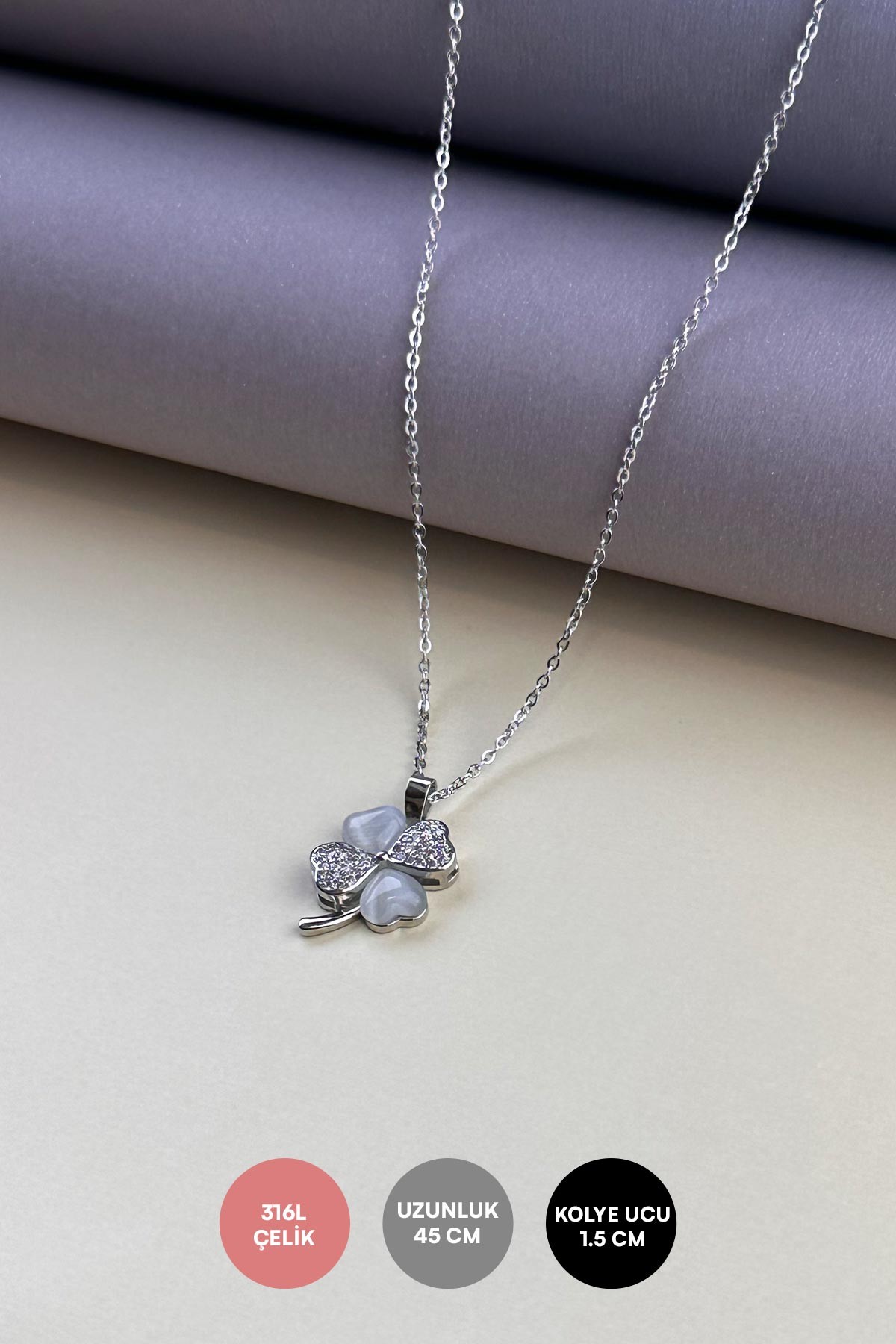 Silver Minimal Zincir Zirkon Ve Dolgulu Sedef Kalp Tasarım Yonca Sallantılı Çelik Kolye 45 cm AKL4091