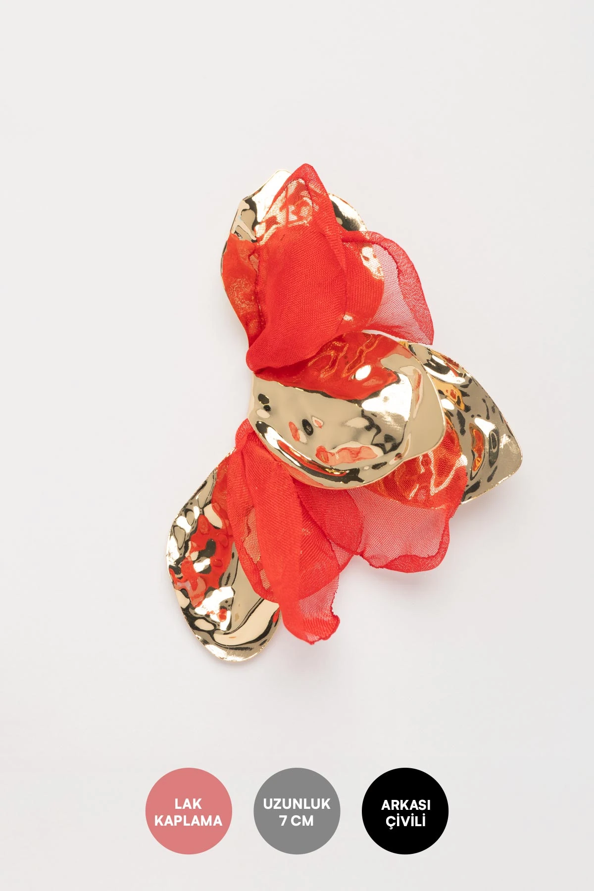 Gold Plaka Kırmızı Kumaş Çiçek Tasarım Stefany Küpe AKE9566