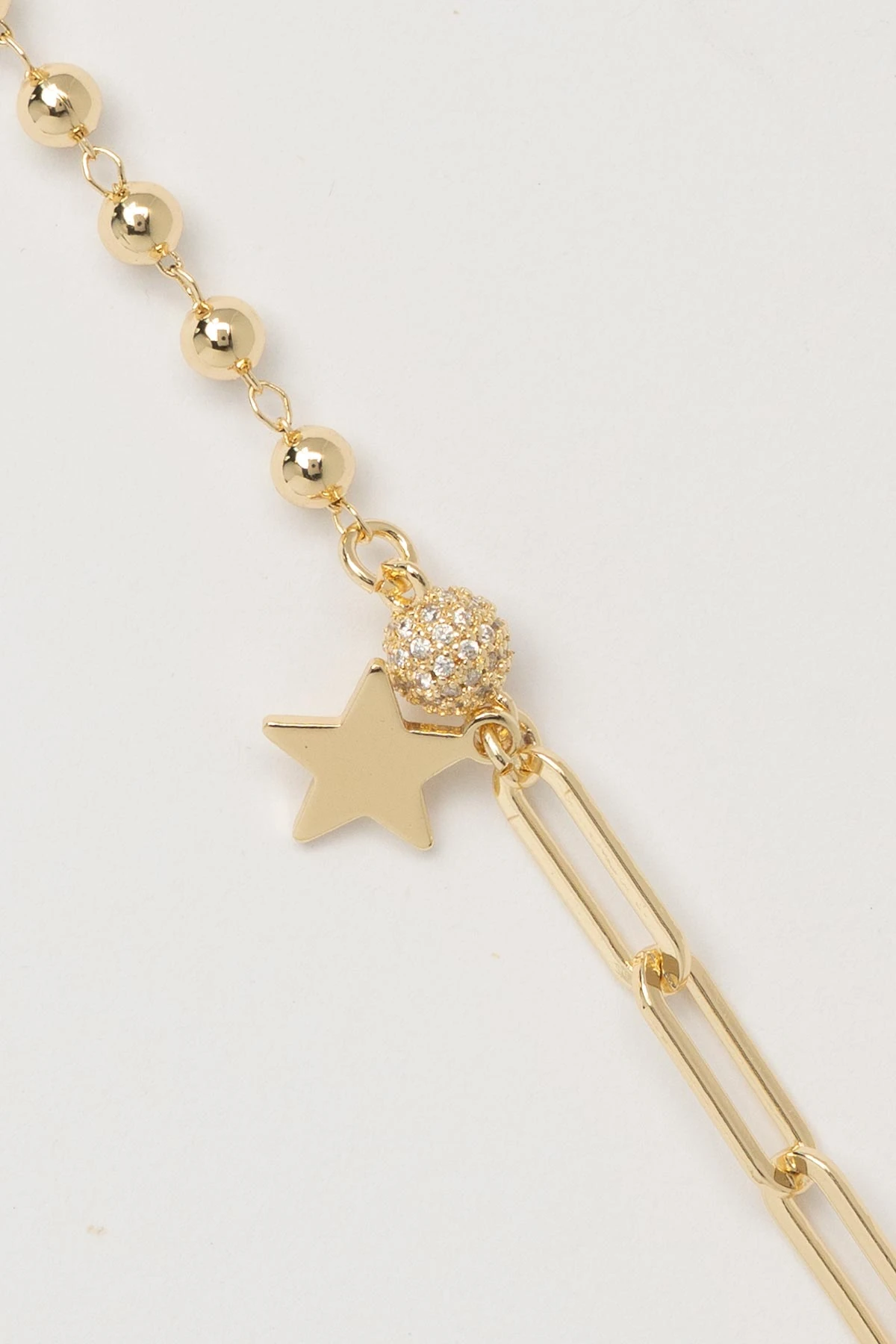 Gold 14K Topçuk Sıralı Zincir Tasarım Yıldız Sallantılı Luxury Bileklik ABL7576