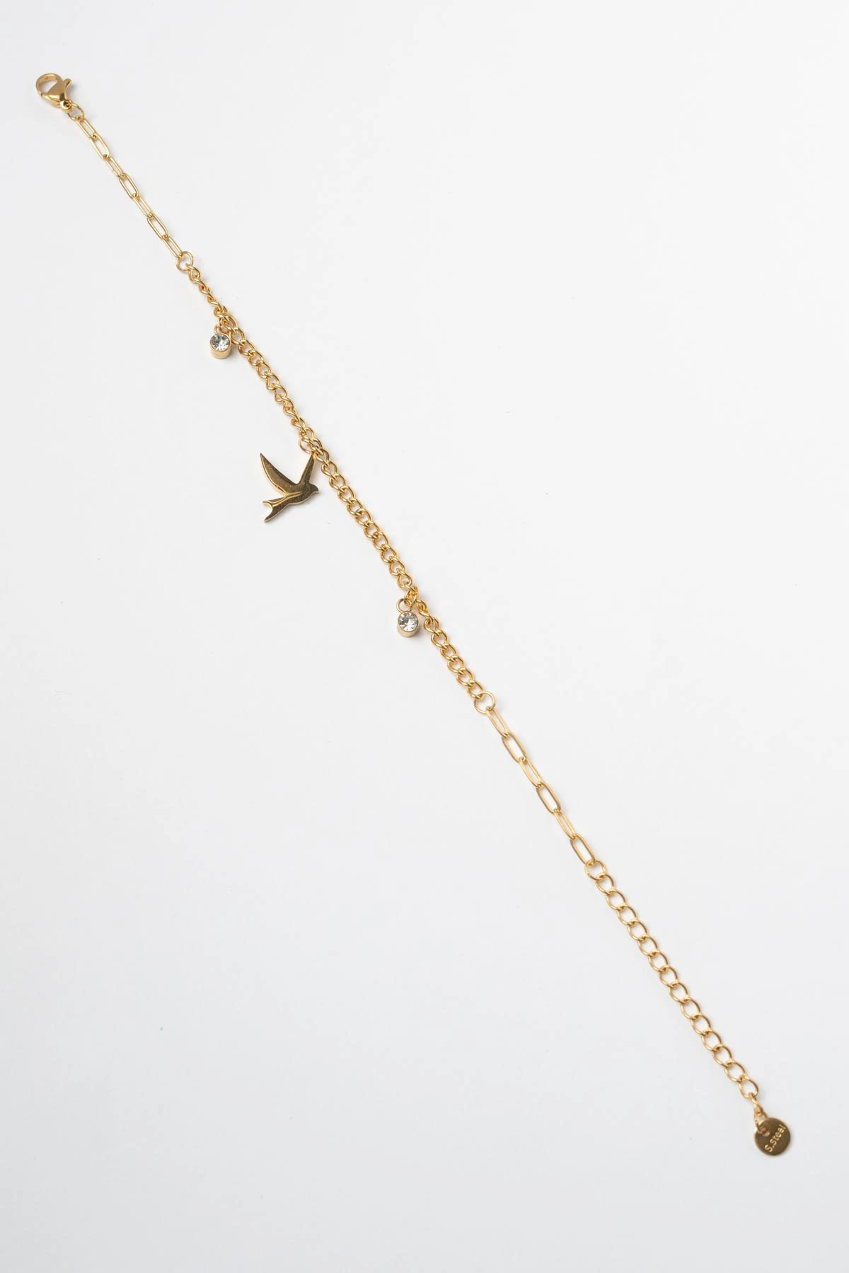 Gold Yuvarlak Tektaş Detay Göçmen Kuş Sallantılı Çelik Bileklik ABL7319