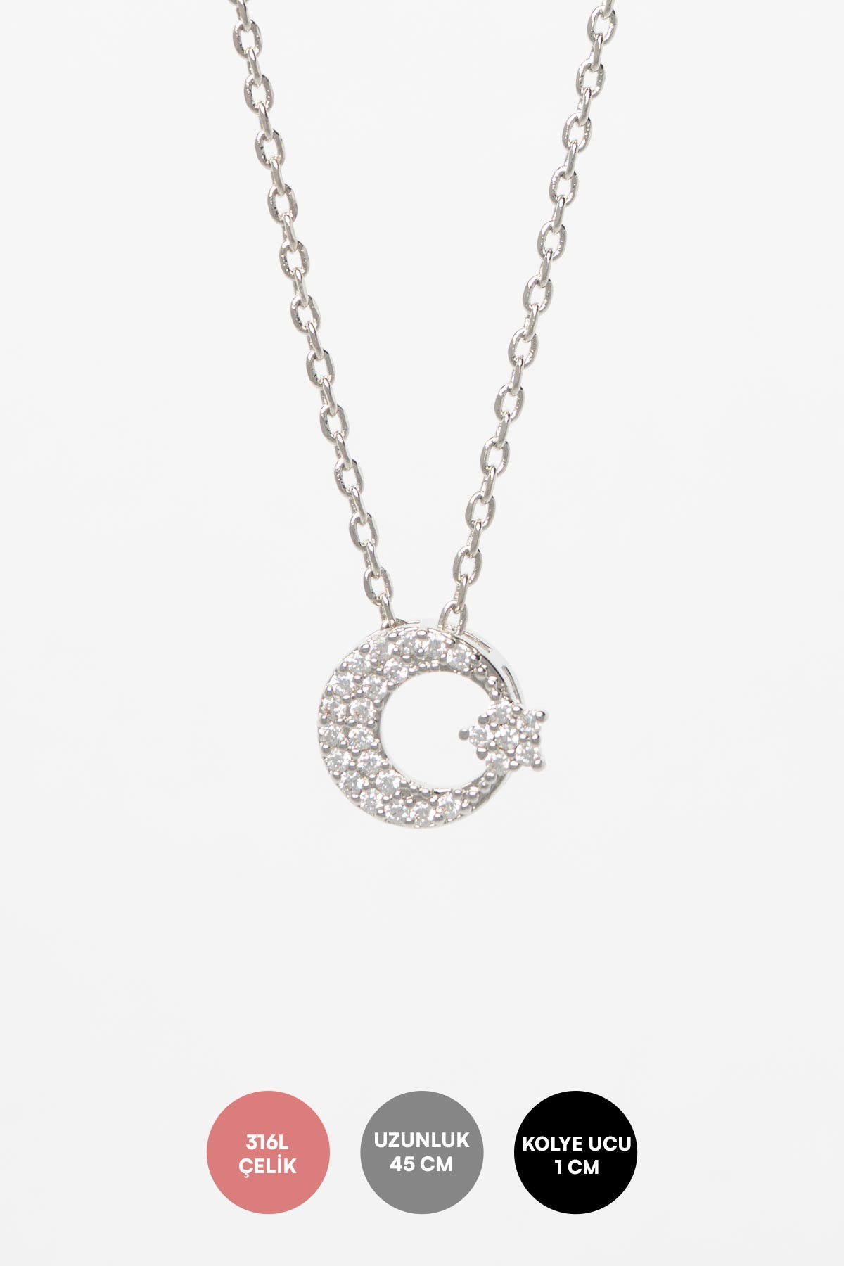 Silver Zirkon Tasarım Minimal Ay Ve Yıldız Sallantılı 45cm Çelik Kolye AKL4015
