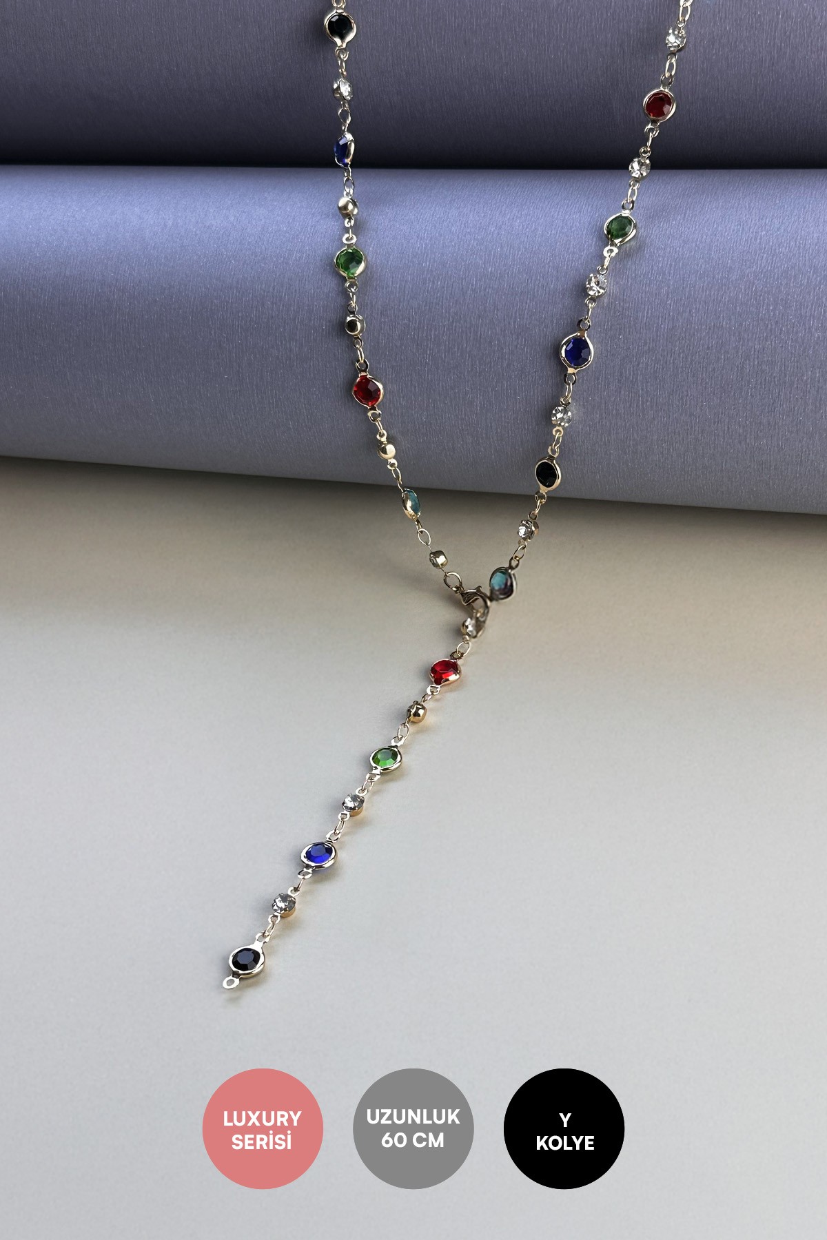 Gold Oval Kesim Renkli Taşlar Sıralı Y Tasarım Luxury Kolye AKL3978
