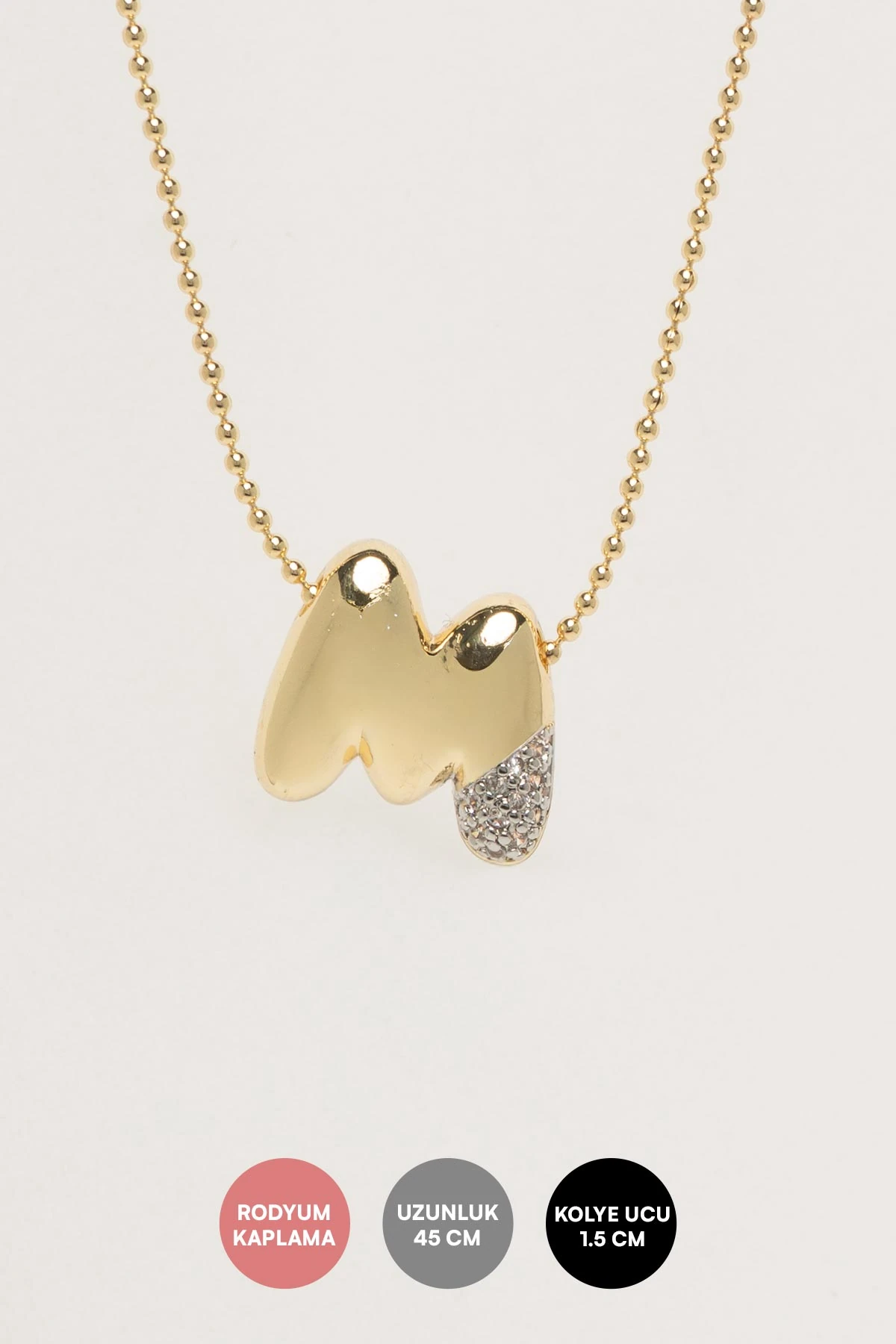 Gold Minimal Topçuk Zincir Zirkon Detay M Harf 45cm Luxury Kolye AKL4441