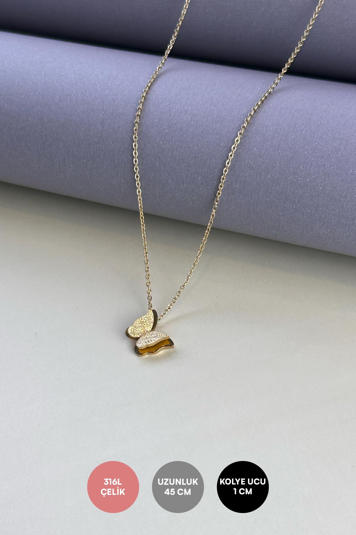 Gold Minimal Zincir Simli Kelebek Sallantılı 45 cm Çelik Kolye AKL3940