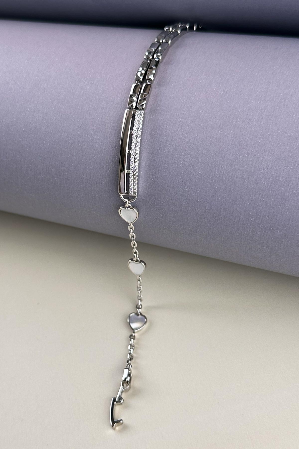 Silver Sedefli Kalp Detay Zirkon Künye Tasarım Luxury Bileklik ABL7248