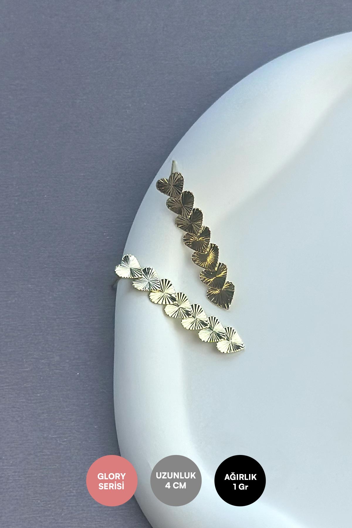 Gold 14K Desenli Kalp Sıralı Glory Küpe AKE9149