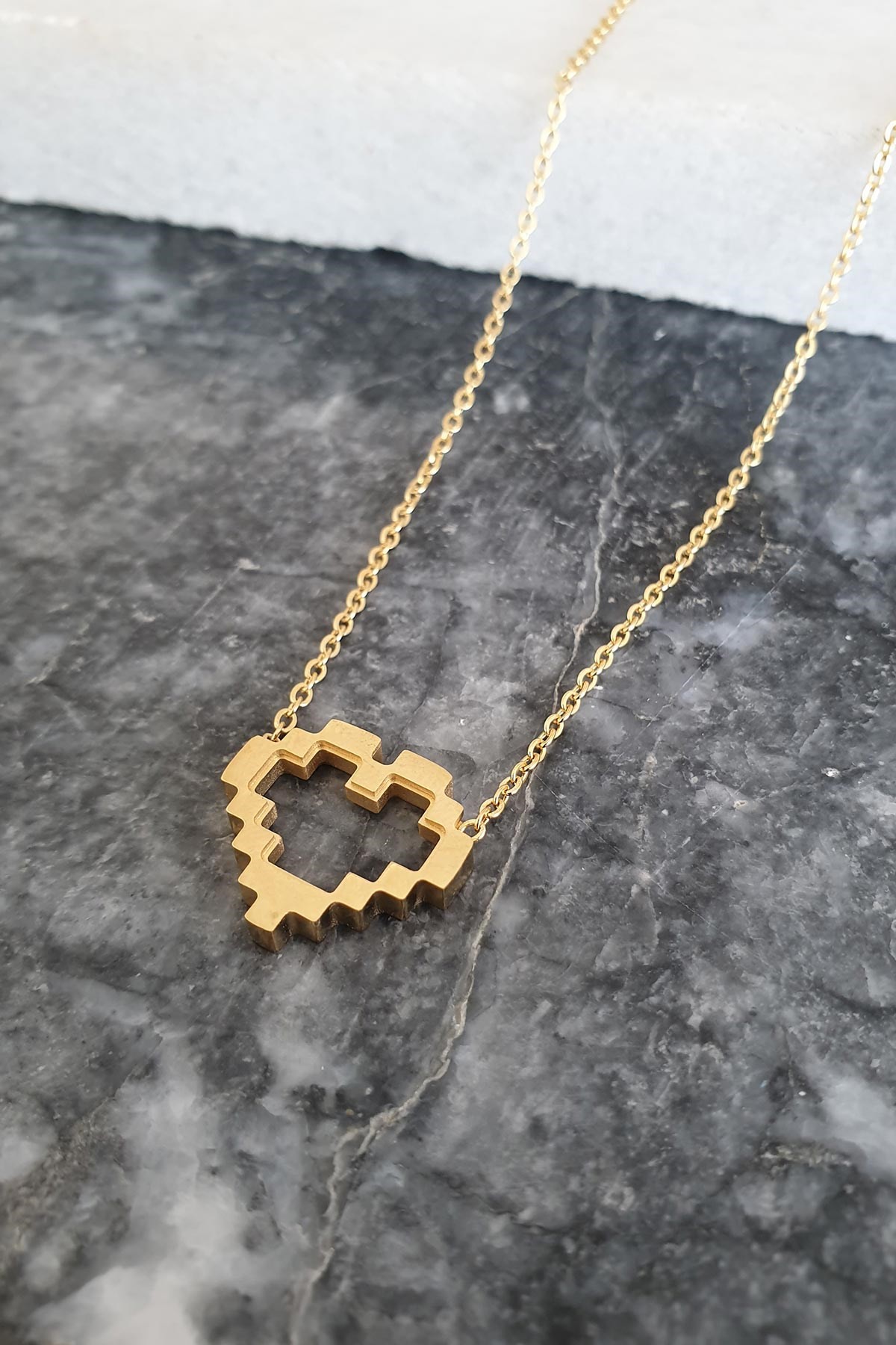 Gold Pixel Heart Çelik Kolye 45 Cm Akl1289