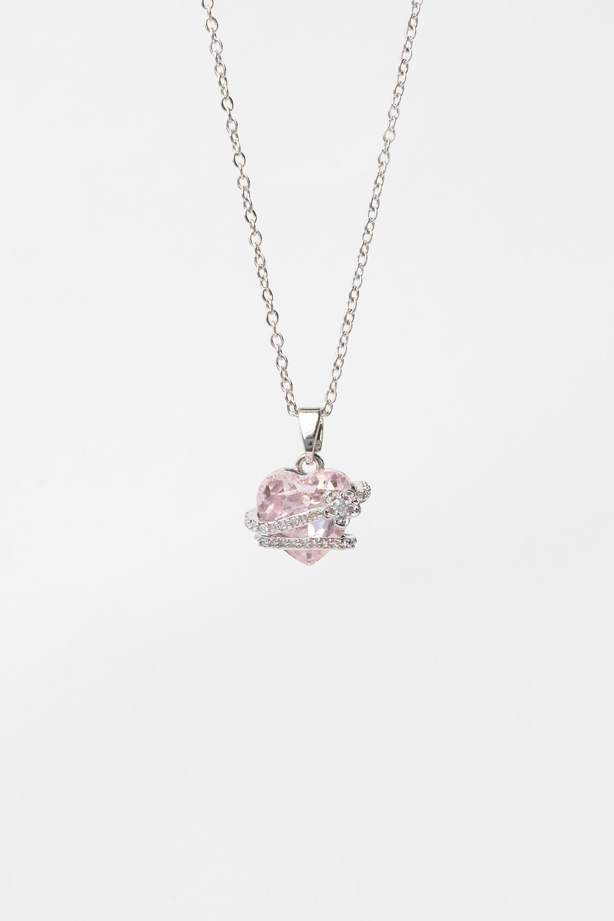 Silver Minimal Zincir Zirkon İp Sarılı Pembe Kristal Taş Sallantılı 45cm Çelik Kolye AKL4137