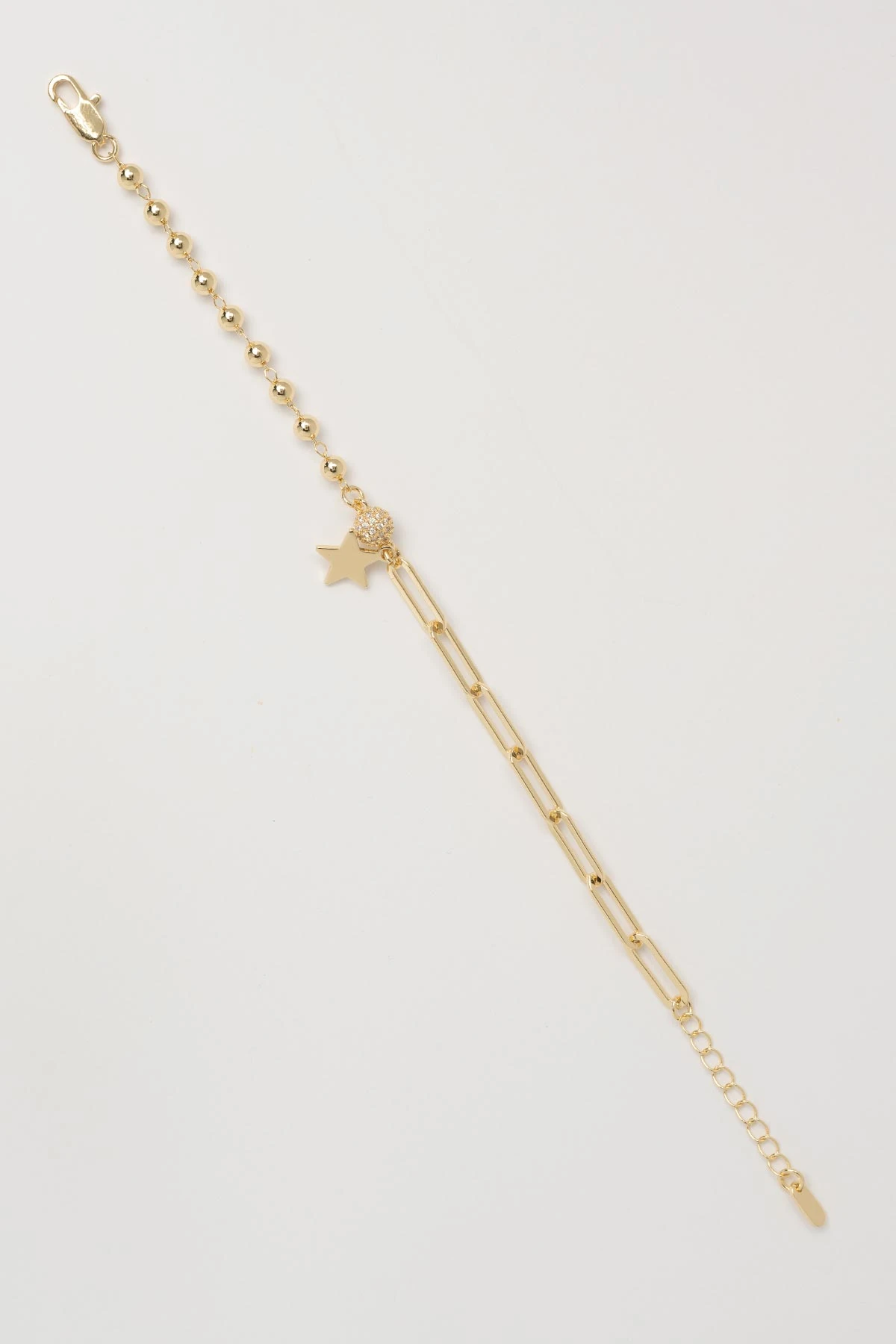 Gold 14K Topçuk Sıralı Zincir Tasarım Yıldız Sallantılı Luxury Bileklik ABL7576