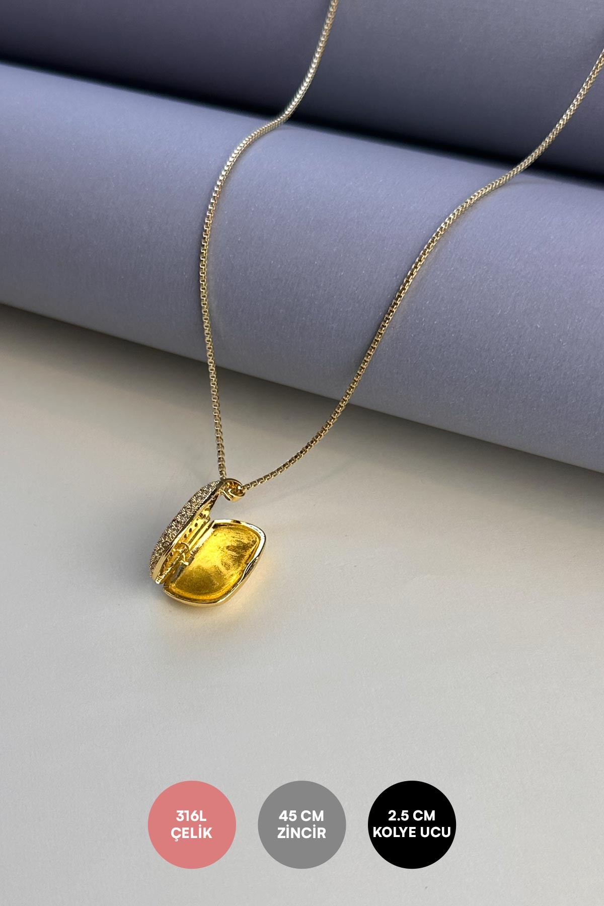 Gold Açılabilir Zirkon Kapaklı Oval Dikdörtgen Çelik Kolye 45 cm AKL3825