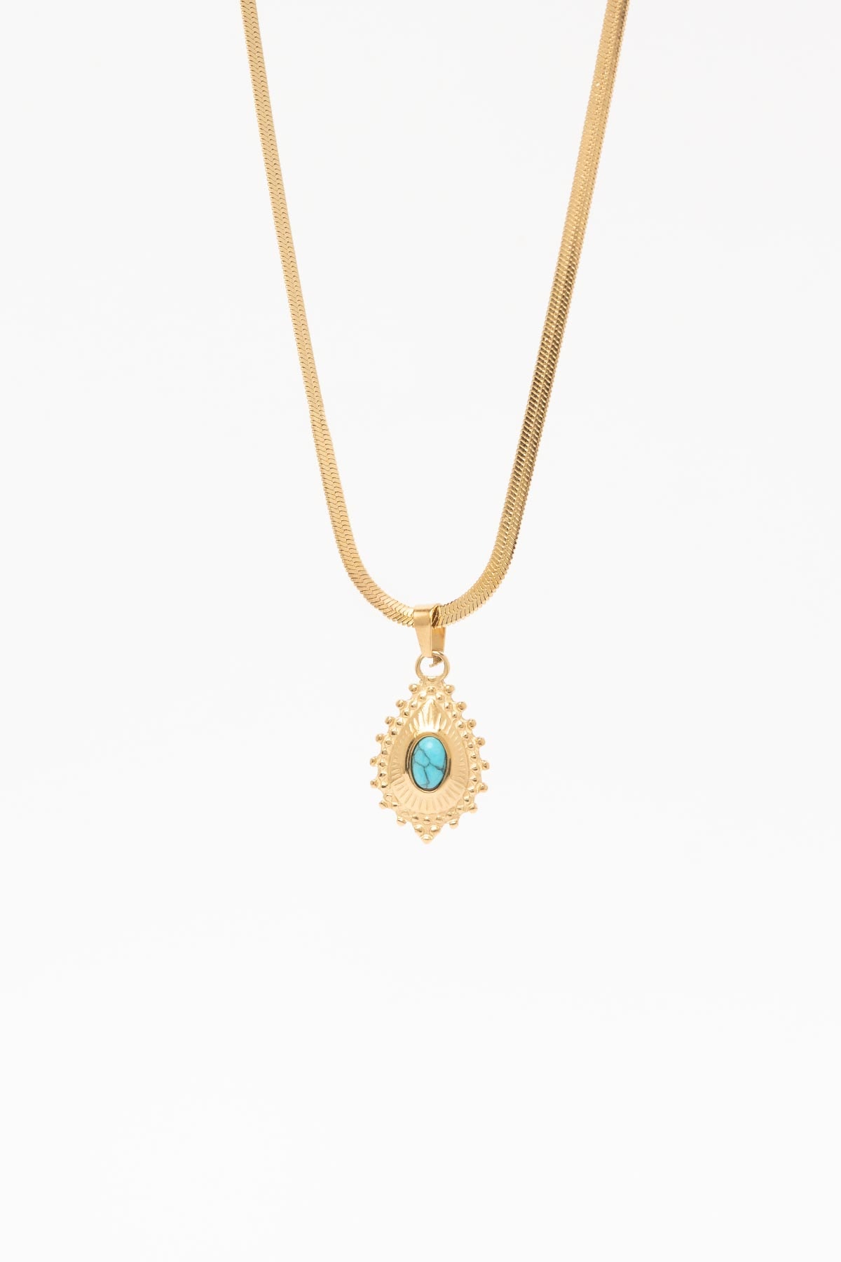 Gold Slim İtalyan Zincir Turkuaz Taş Detay Otantik Uç Sallantılı 45cm Çelik Kolye AKL4371