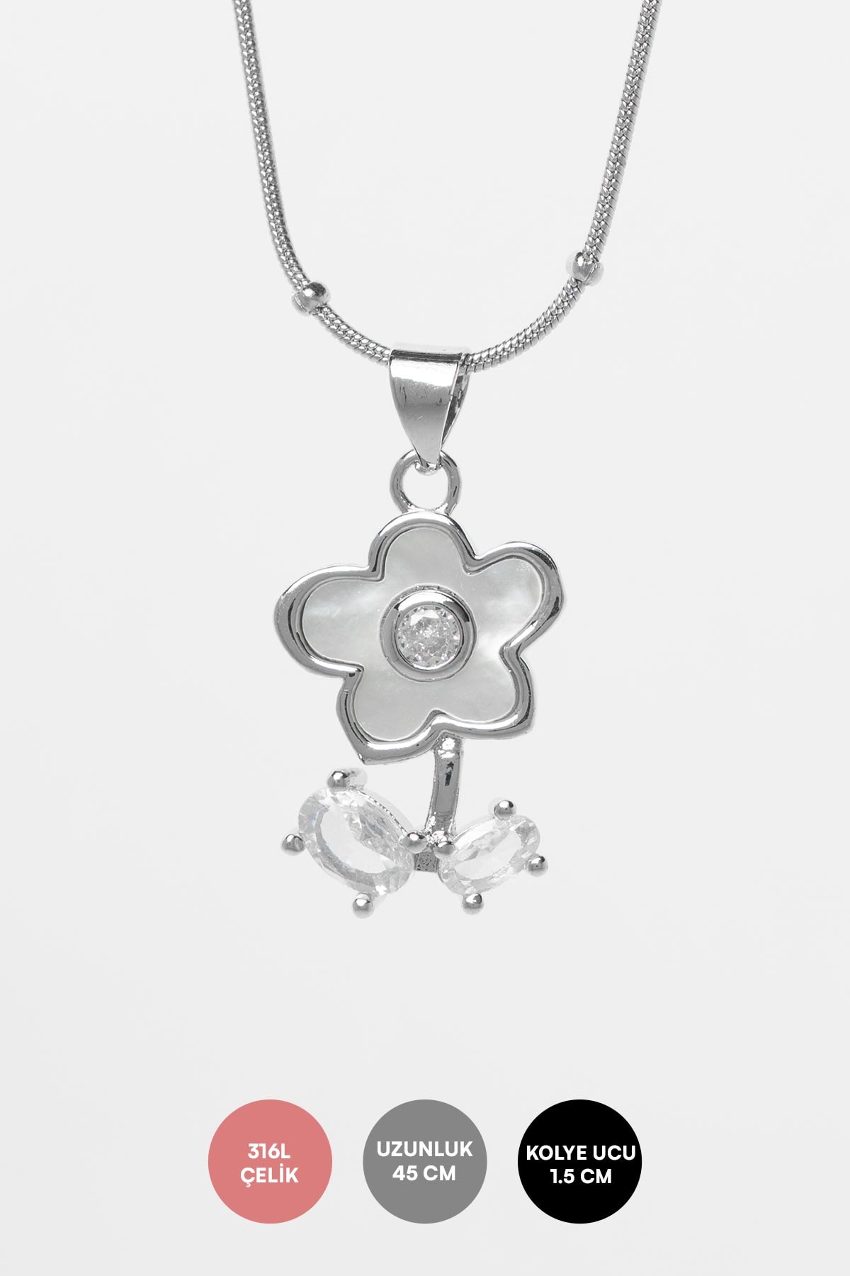 Silver Minimal Topçuklu Kristal Taş Detay Sedefli Çiçek Tasarım Çelik Kolye 45 cm AKL3891