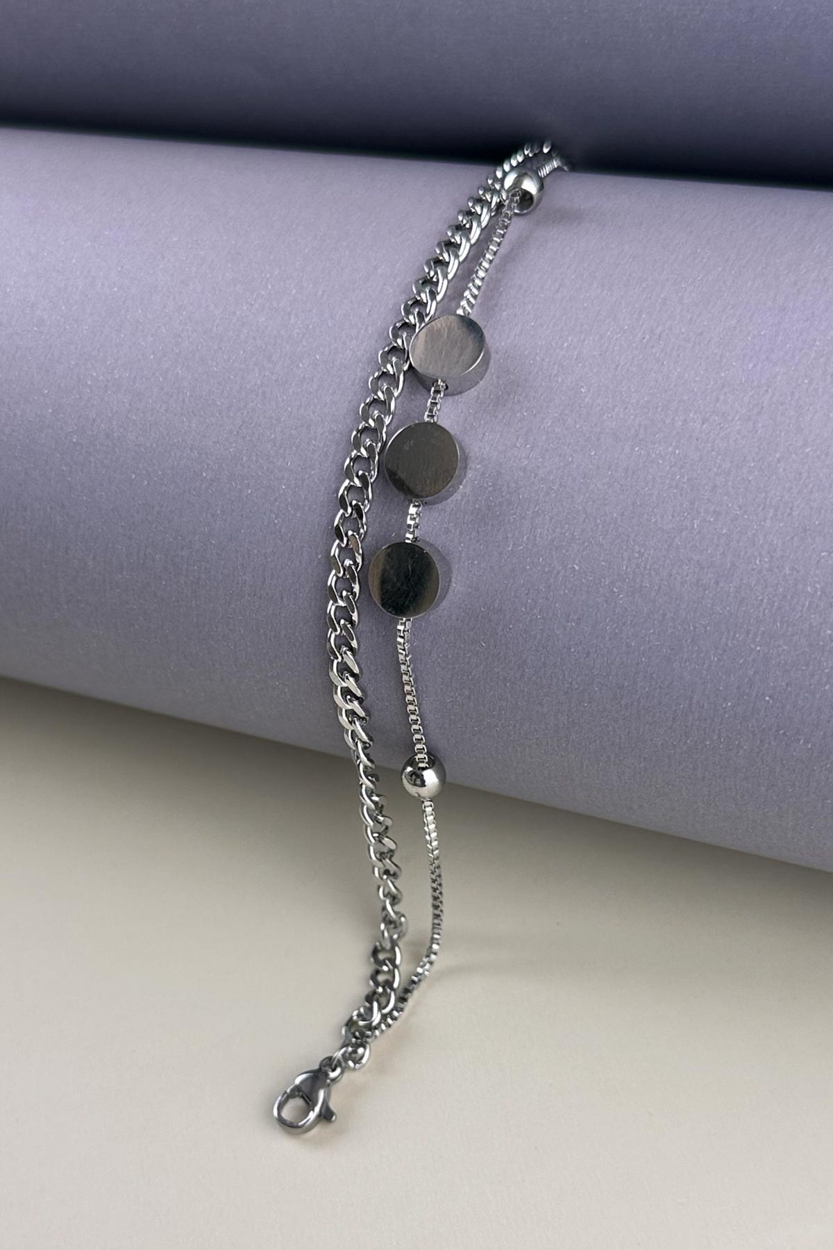 Silver Çift Zincir Üçlü Kalın Yassı Pul Mini Topçuk Detay Çelik Bileklik ABL6519