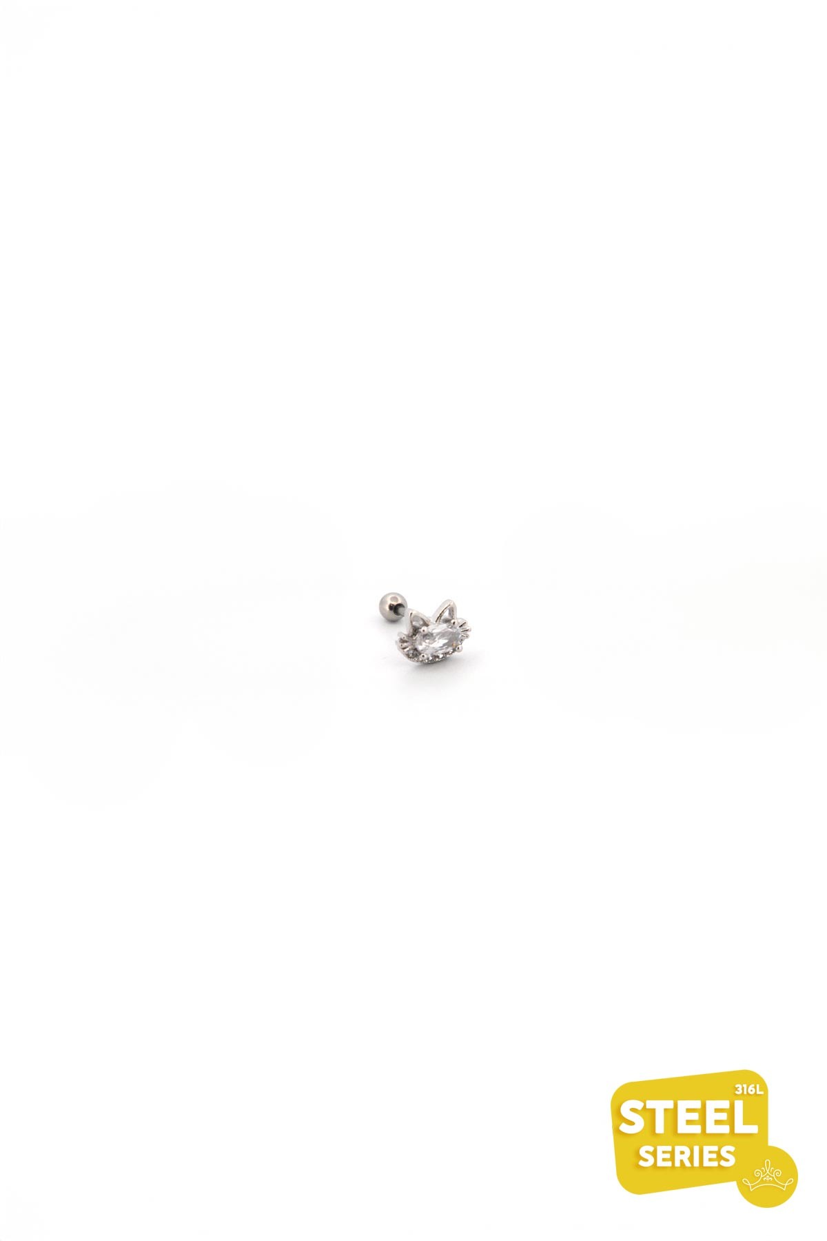 Silver Zirkon Detay Kristal Silver Kedi Tasarım 8mm Piercing APR2196