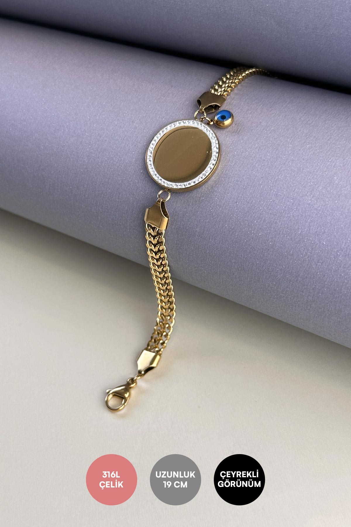 Gold Zirkon Taş Detay Ortası Yazılabilir Çelik Bileklik ABL5601