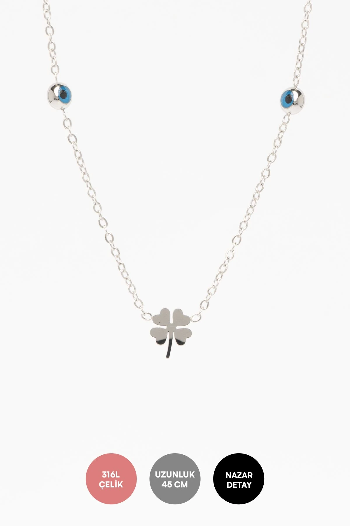 Silver Minimal Zincir Mini Yonca Sıralı Nazarlık Detay 45cm Çelik Kolye AKL4364
