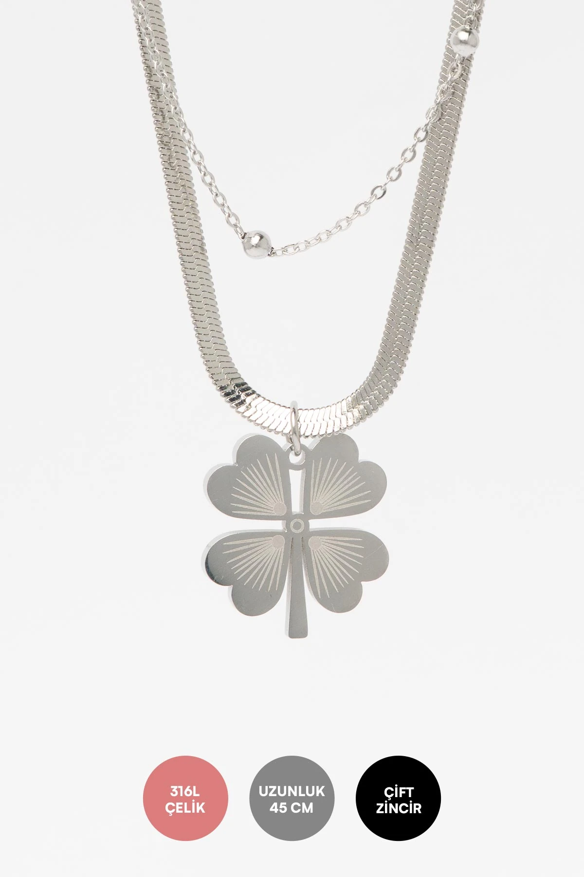 Çift Zincir Tasarım Topçuk Detay Silver Yonca Çelik Kolye 45 Cm AKL2163