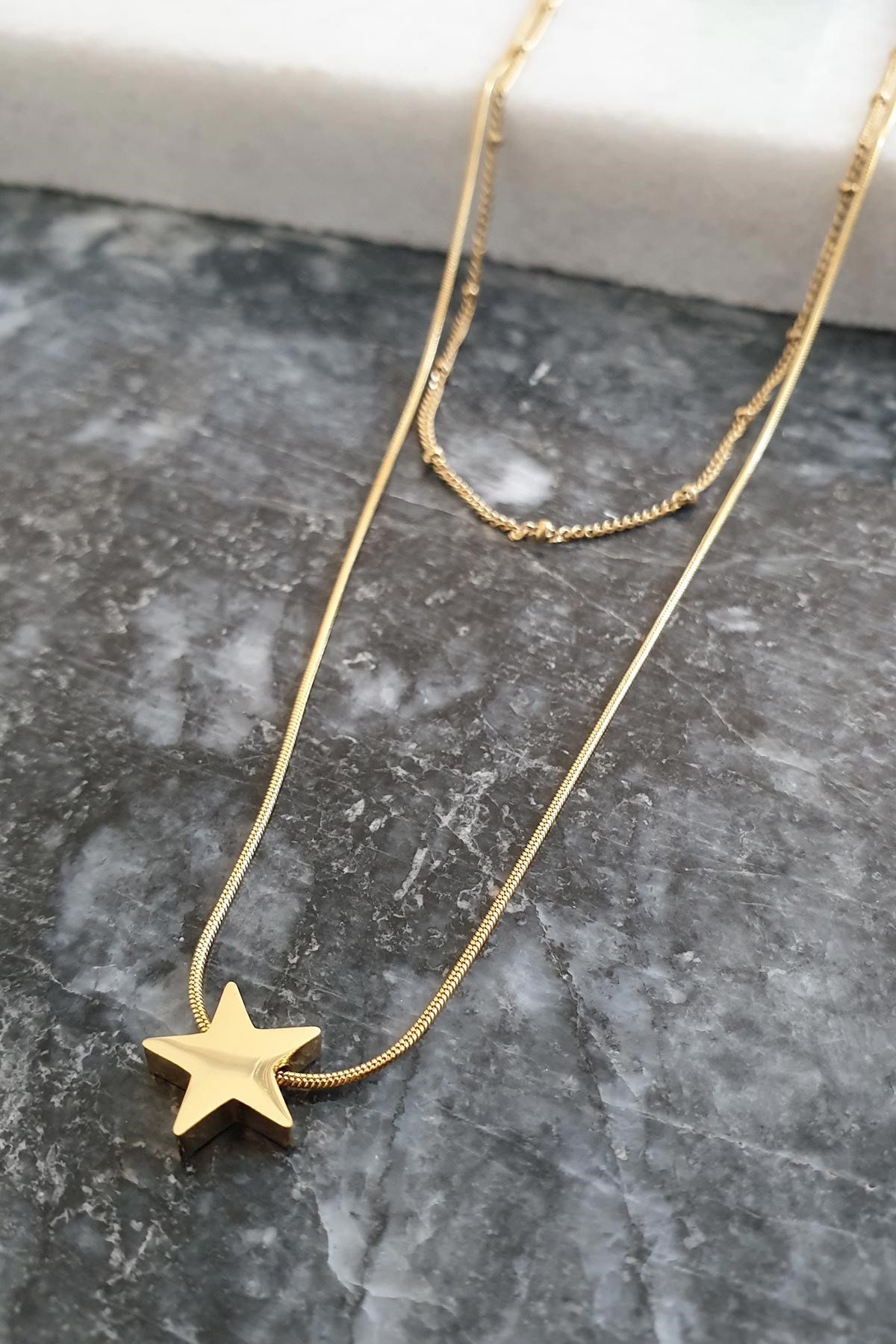 Çift Zincir Gold Star Çelik Kolye 40 Cm AKL1246