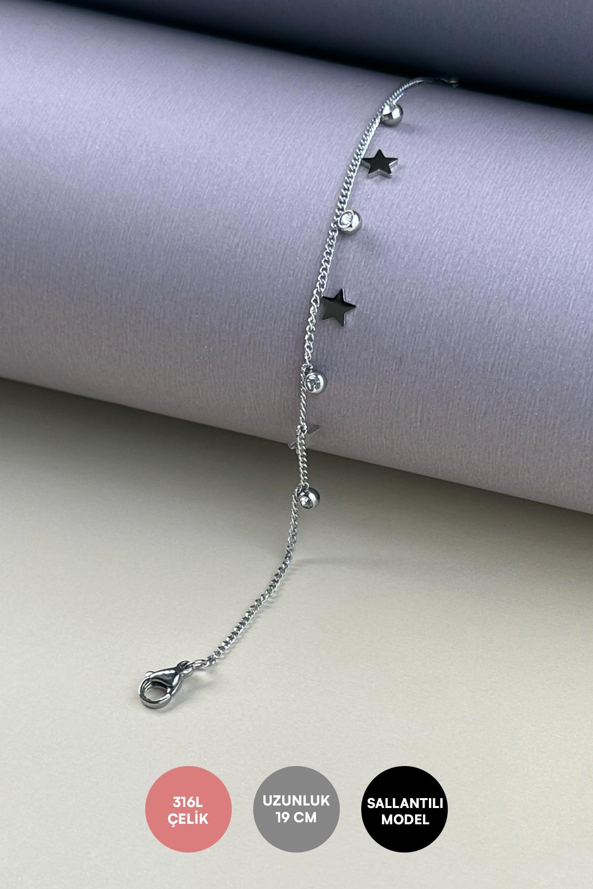 Silver Minimal Topçuk Tekraş Ve Yıldız Sıralı Çelik Bileklik ABL7317