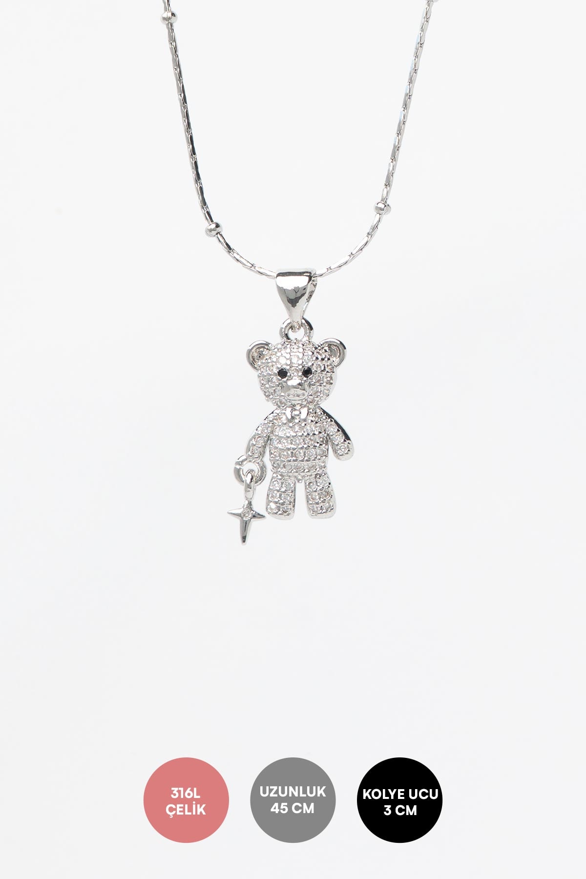 Silver Minimal Topçuk Sıralı Zincir Zirkon Kaplı Ayıcık Sallantılı 45cm Çelik Kolye AKL4193