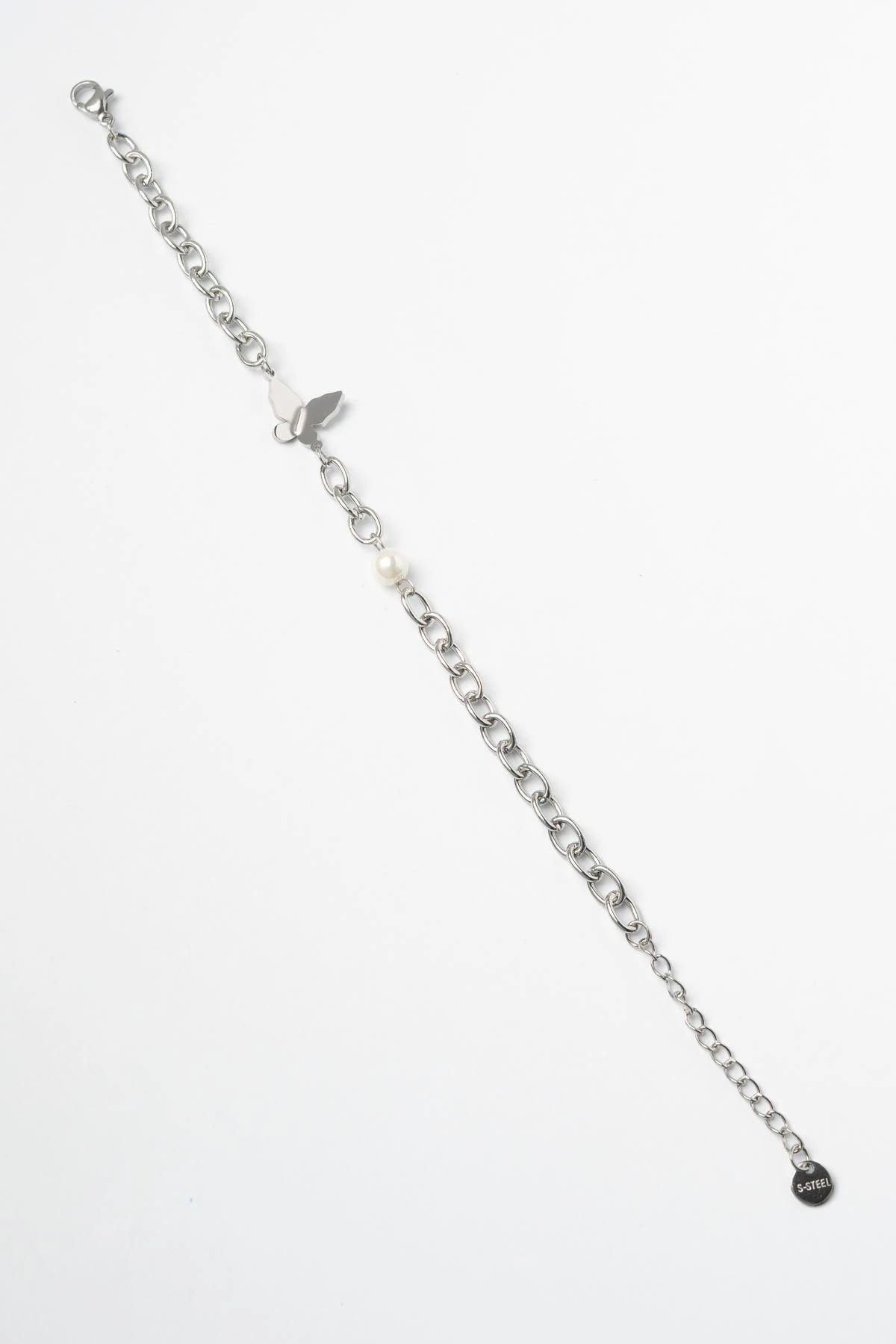 Silver Oval Halka Zincir İnci Ve Kelebek Detay Çelik Bileklik ABL7324