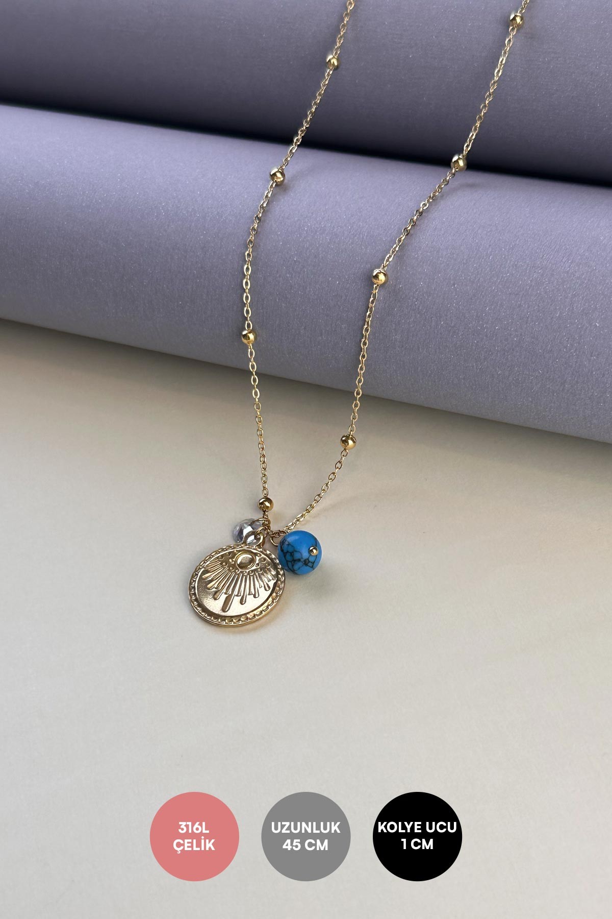 Gold Topçuklu Minimal Zincir Kristal Taş Ve Firuze Detay Daire Tasarım Çelik Kolye 45 cm AKL3898