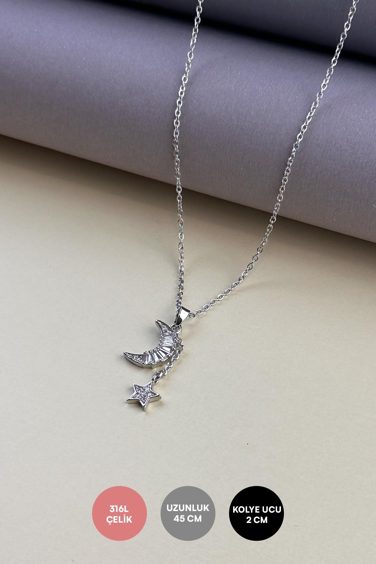 Silver Minimal Zincir Baget Detay Ay Ve Zirkon Detay Yıldız Sallantılı Çelik Kolye 45 cm AKL4069