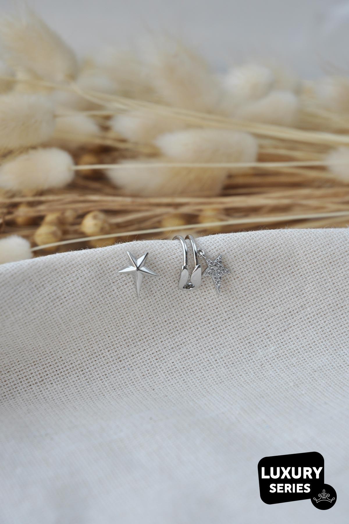 Silver Çengelli İğne Tasarım Asimetrik Zirkon Yıldız Luxury Kıkırdak Küpe AKE6511